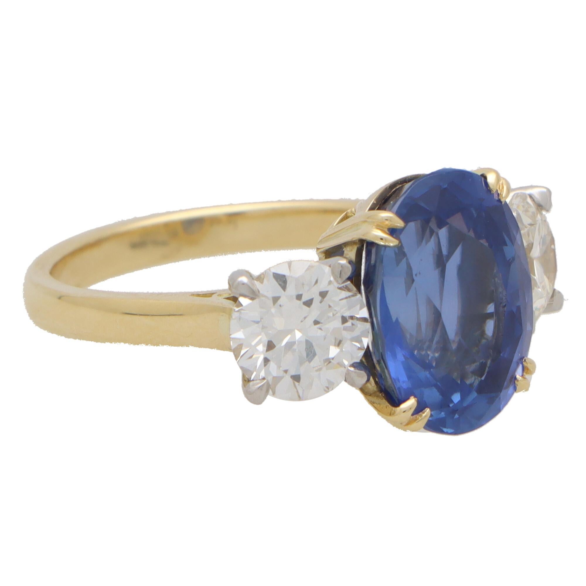Women's or Men's Certified 7.18ct Sapphire and Diamond Three Stone Ring Set in 18k Yellow Gold