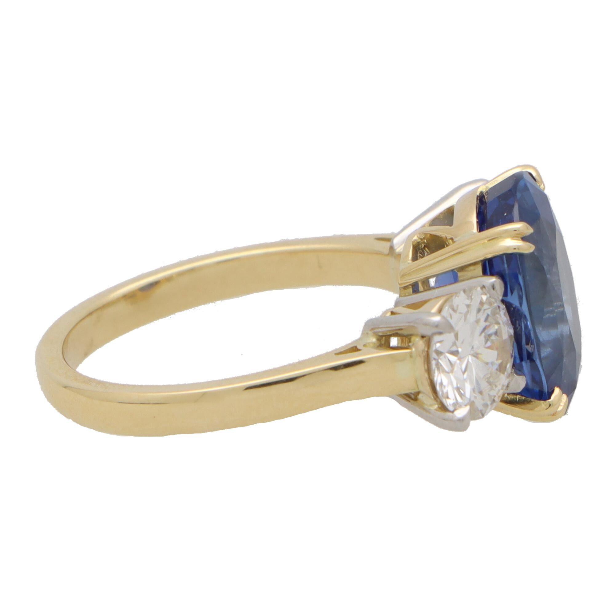 Certified 7.18ct Sapphire and Diamond Three Stone Ring Set in 18k Yellow Gold 1