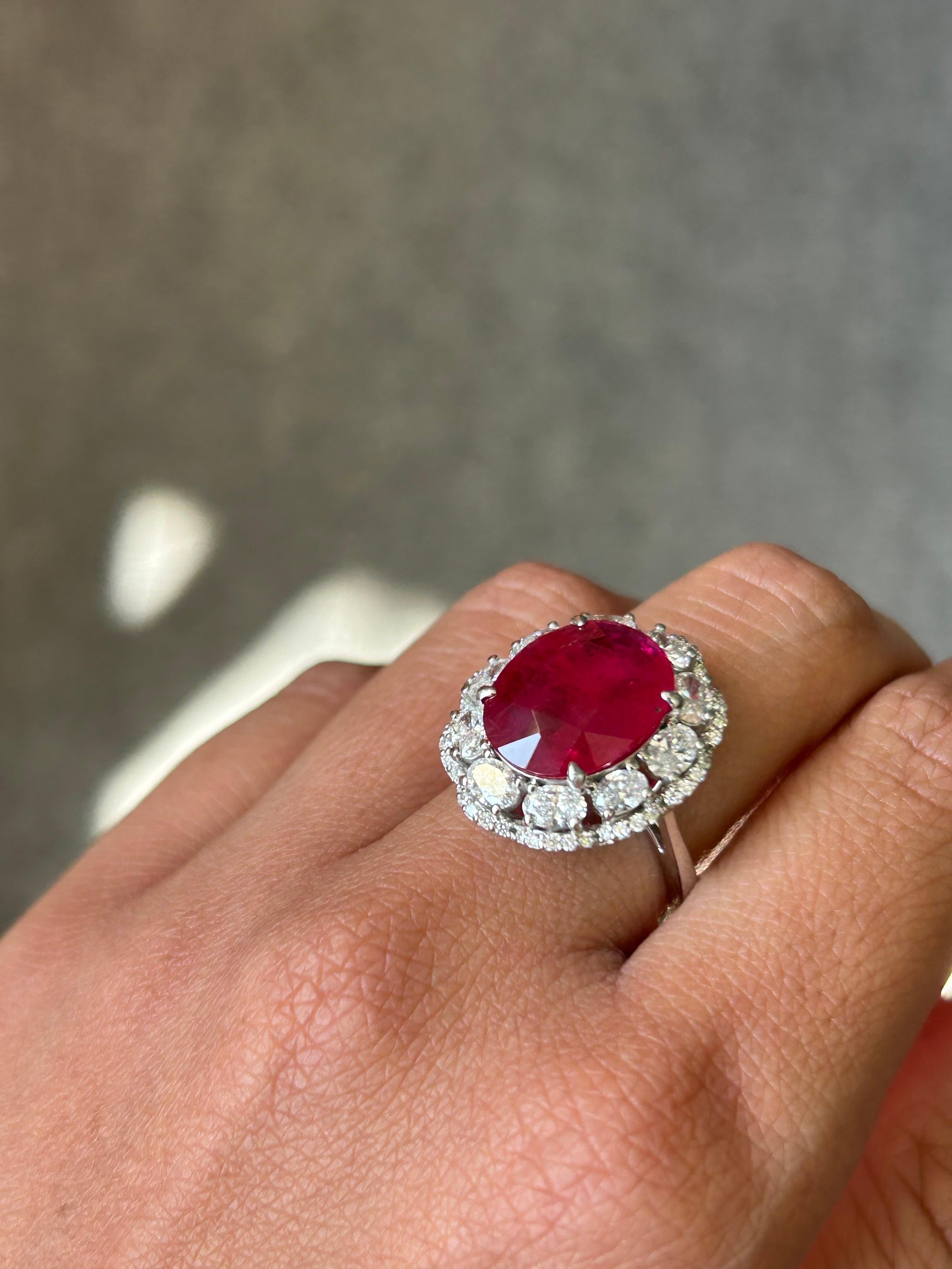 Art Deco Certified 7.25 Carat Oval Shaped Ruby and Diamond Cocktail Ring For Sale