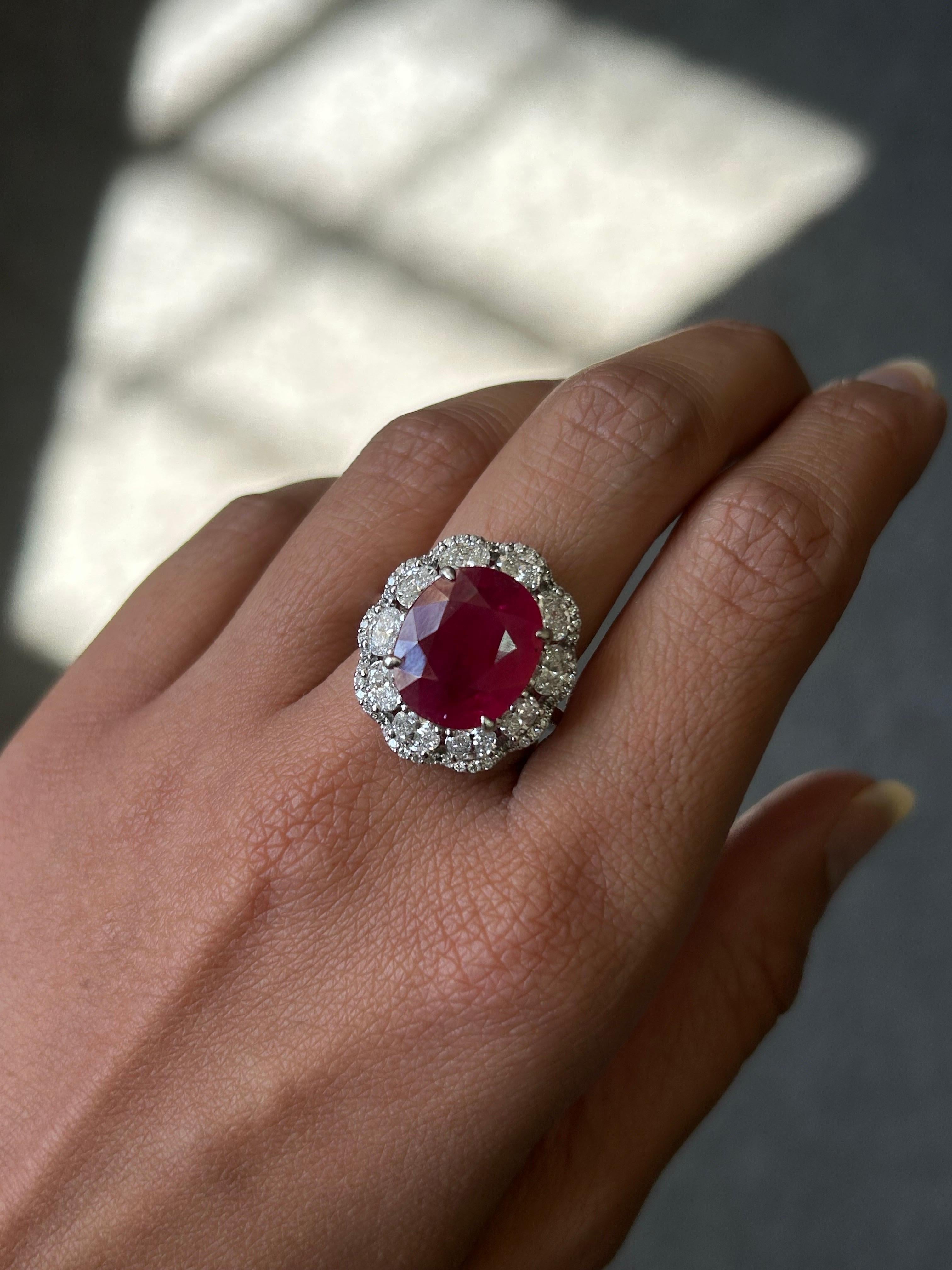 Oval Cut Certified 7.25 Carat Oval Shaped Ruby and Diamond Cocktail Ring For Sale