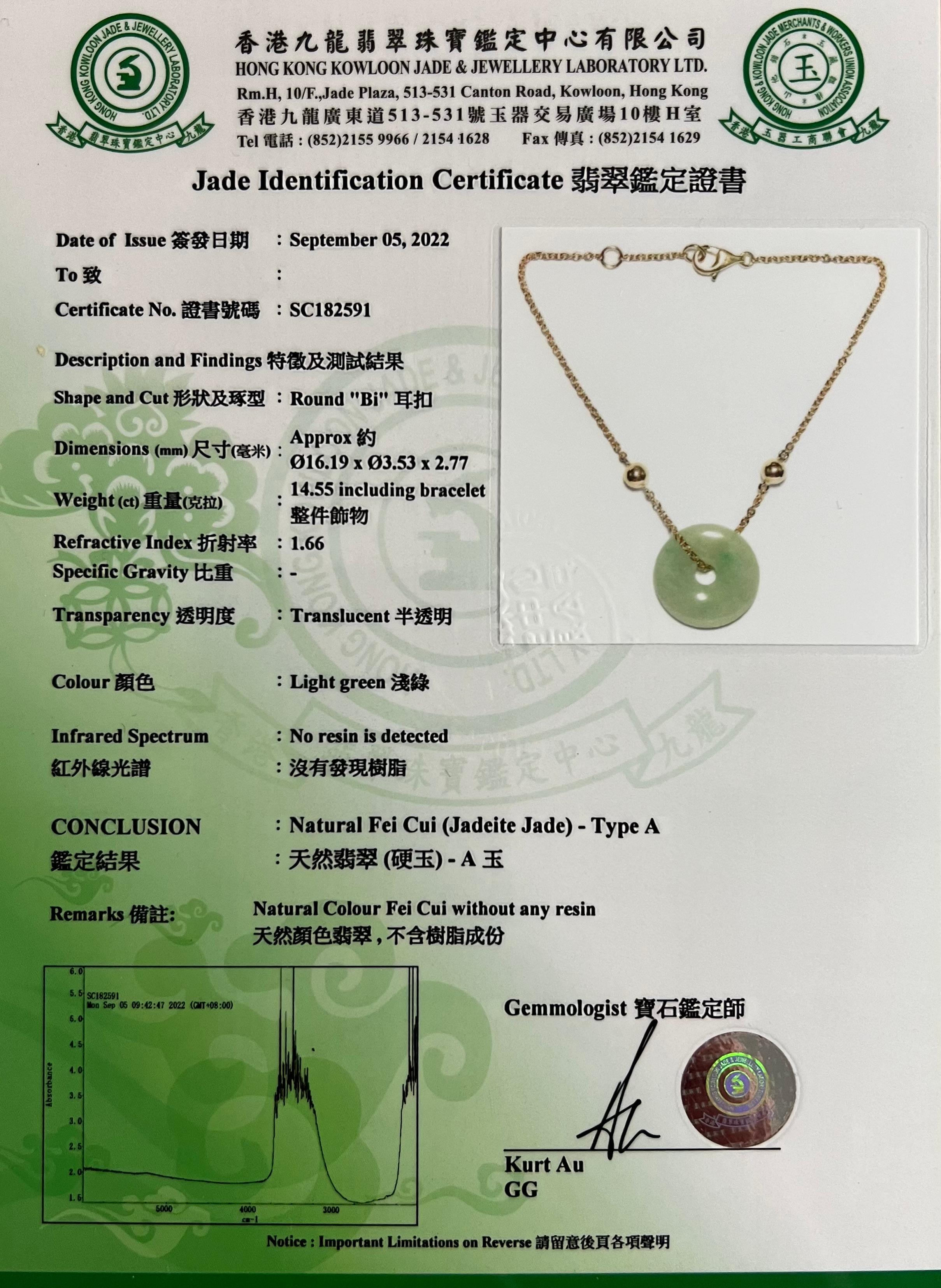 Certified 7.25 Cts Jadeite Jade Bracelet, 18k Yellow Gold, Good Luck Jade For Sale 7