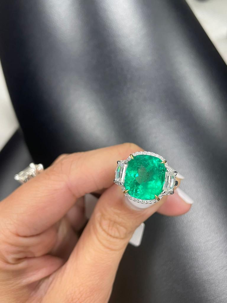 Women's Certified 7.32 Carat Colombian Emerald and Diamond Three Stone Engagement Ring