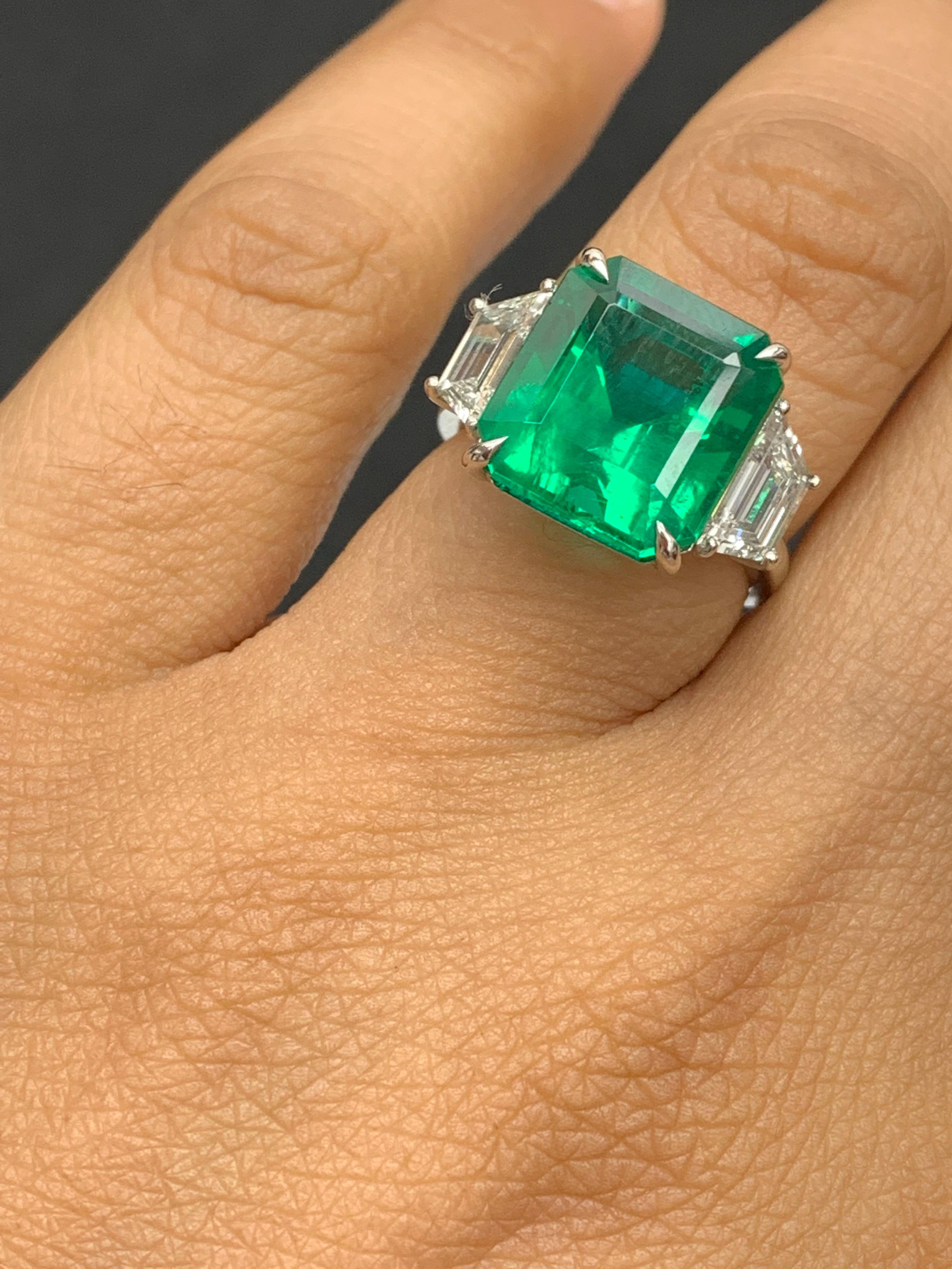 Women's Certified 7.47 Carat Emerald Cut Emerald & Diamond Engagement Ring in Platinum For Sale