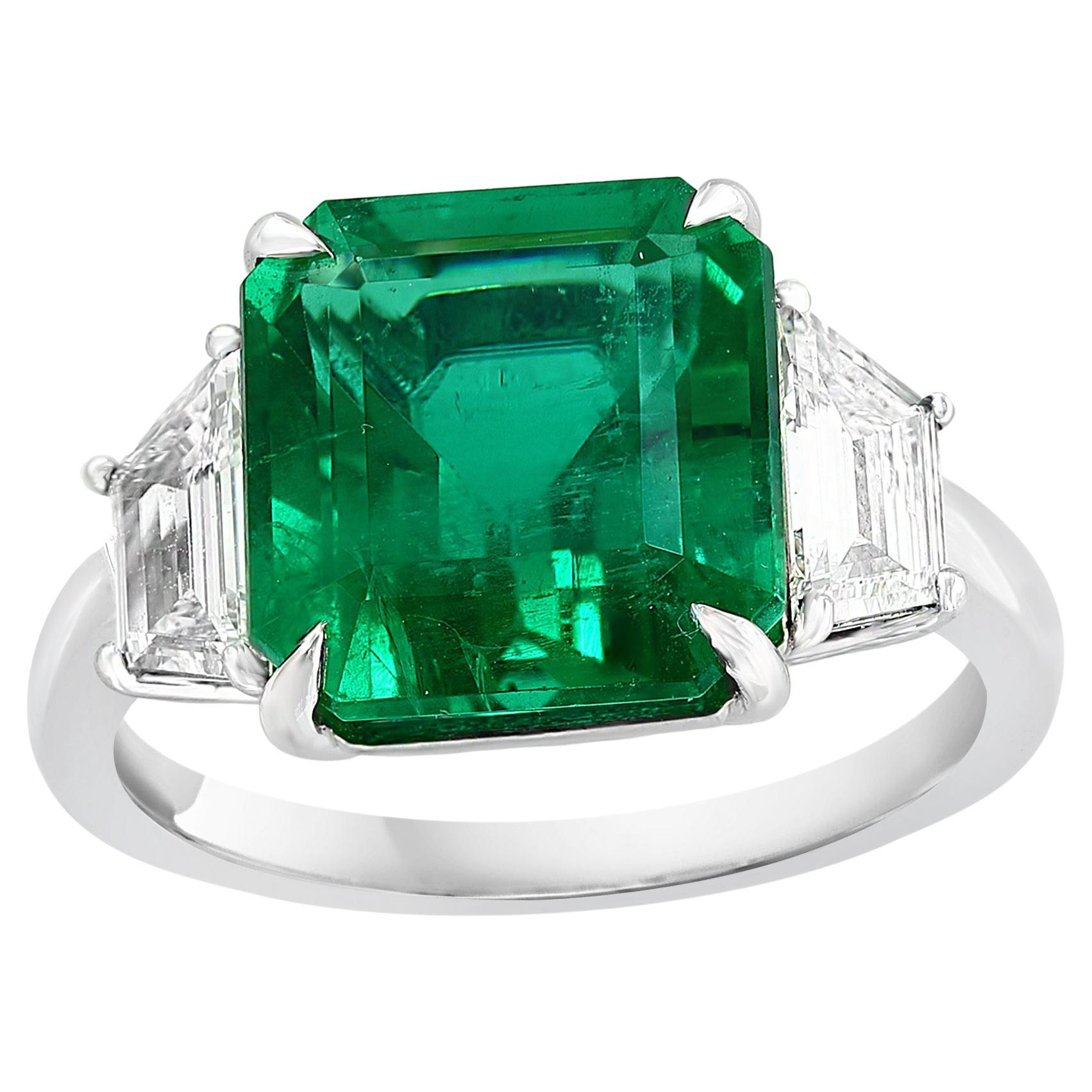 Certified 7.47 Carat Emerald Cut Emerald & Diamond Engagement Ring in Platinum For Sale