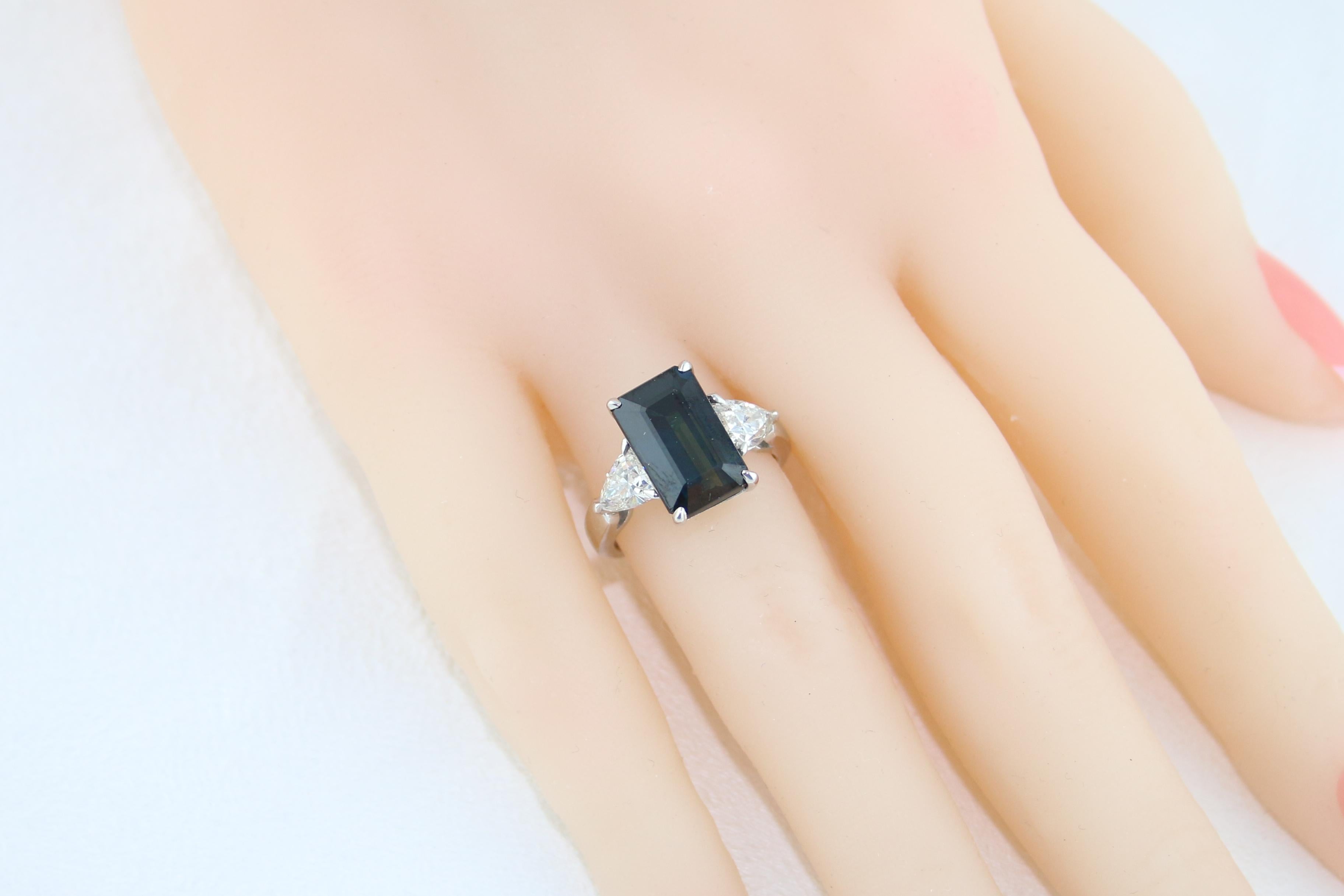 Emerald Cut Certified 7.48 Carat No Heat Greenish Blue Step Cut Sapphire Diamond Gold Ring For Sale