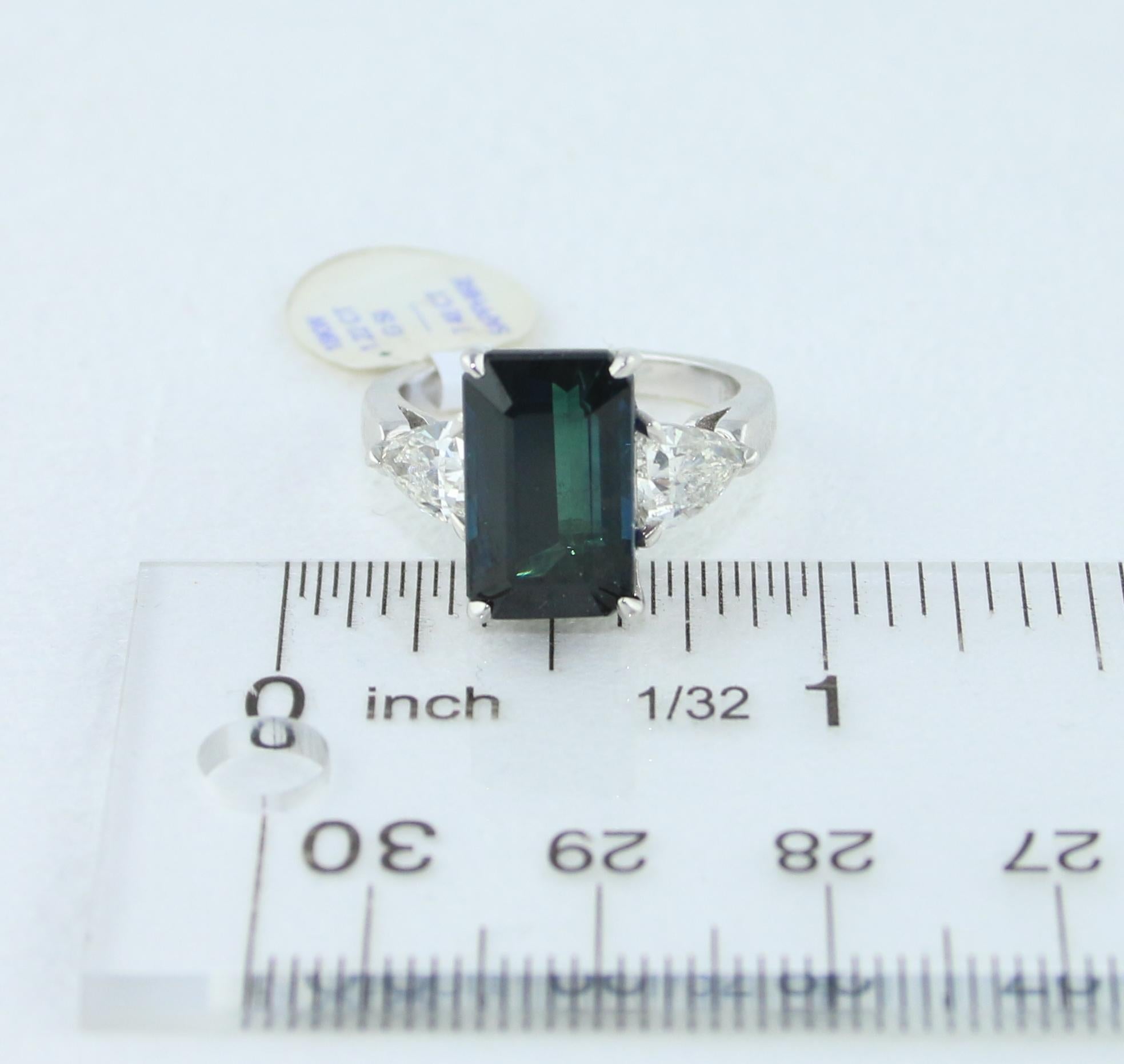 Women's Certified 7.48 Carat No Heat Greenish Blue Step Cut Sapphire Diamond Gold Ring For Sale