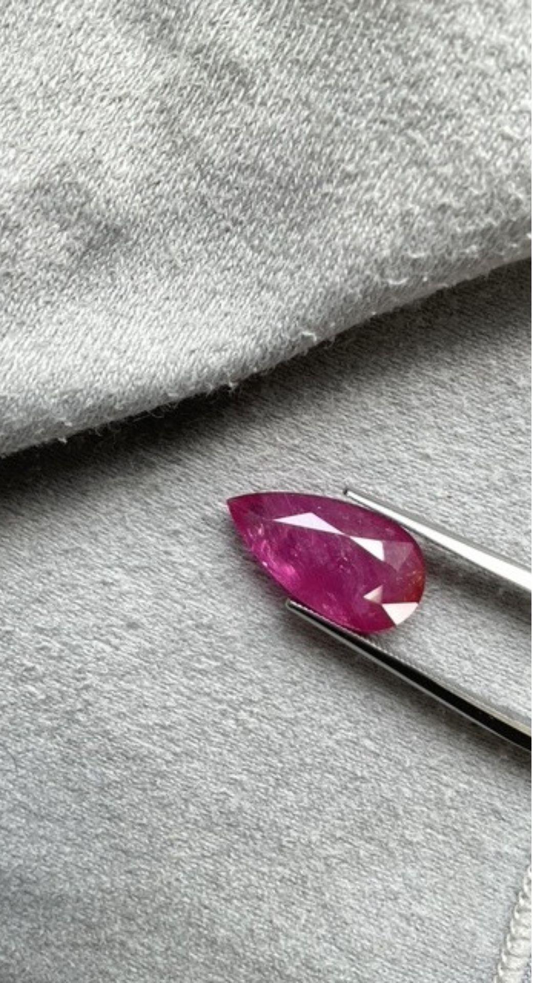 Art Deco Certified 7.50 Carats Mozambique Ruby Pear Faceted Cutstone No Heat Natural Gem For Sale