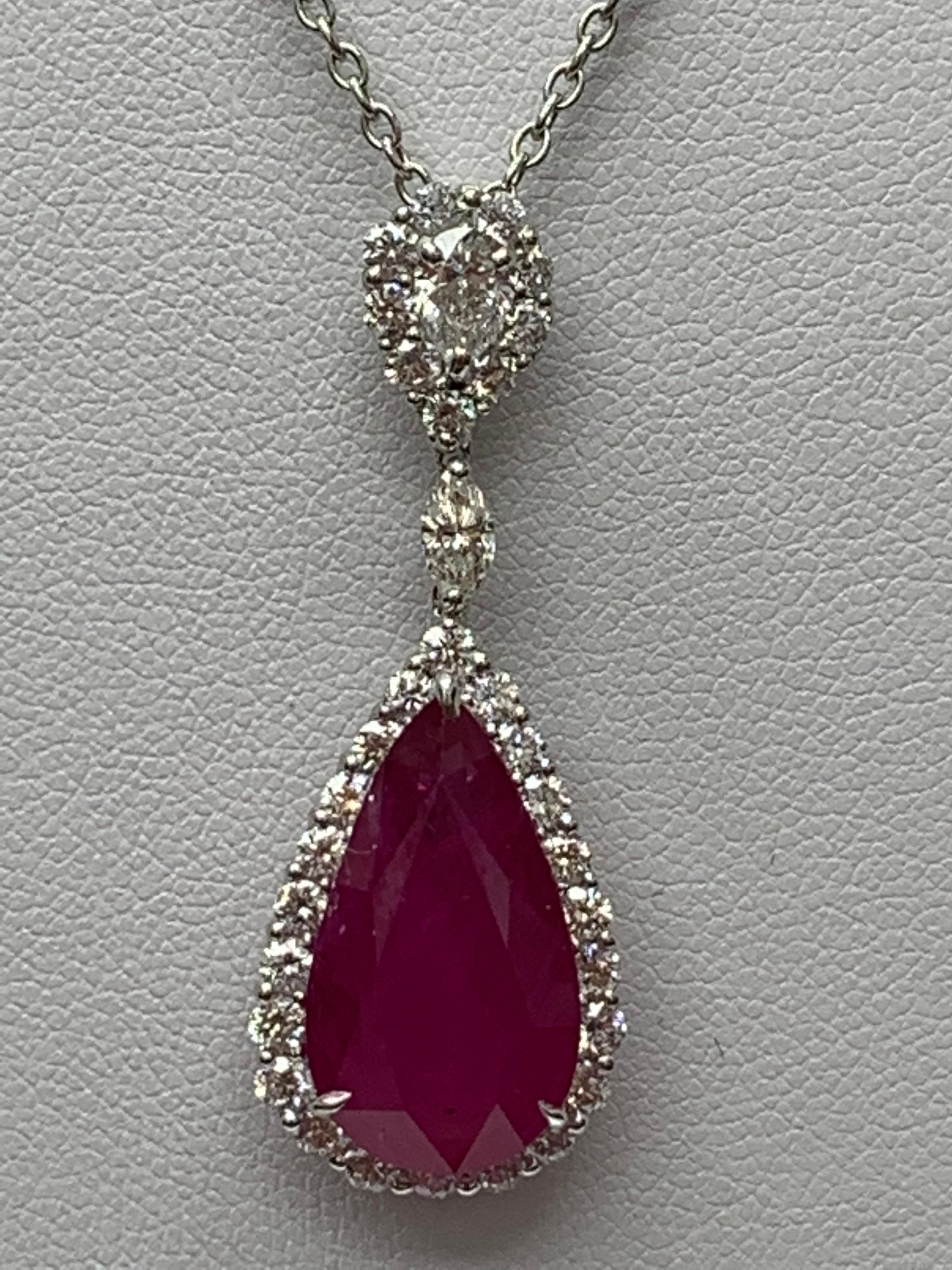 CERTIFIED 7.52 Carat Pear shape Burma Ruby Diamond Drop Necklace in 18K Gold en vente 12