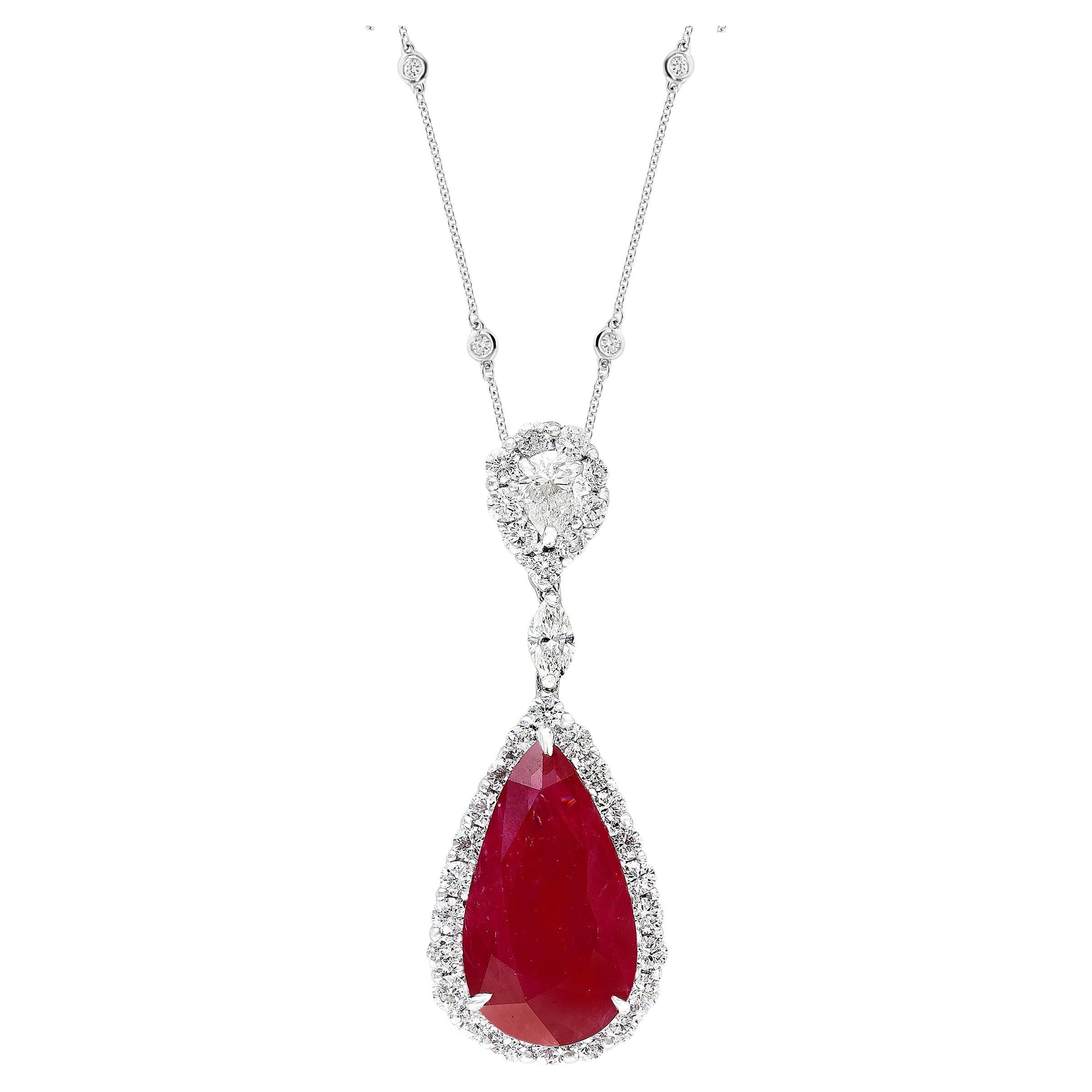CERTIFIED 7.52 Carat Pear shape Burma Ruby Diamond Drop Necklace in 18K Gold en vente