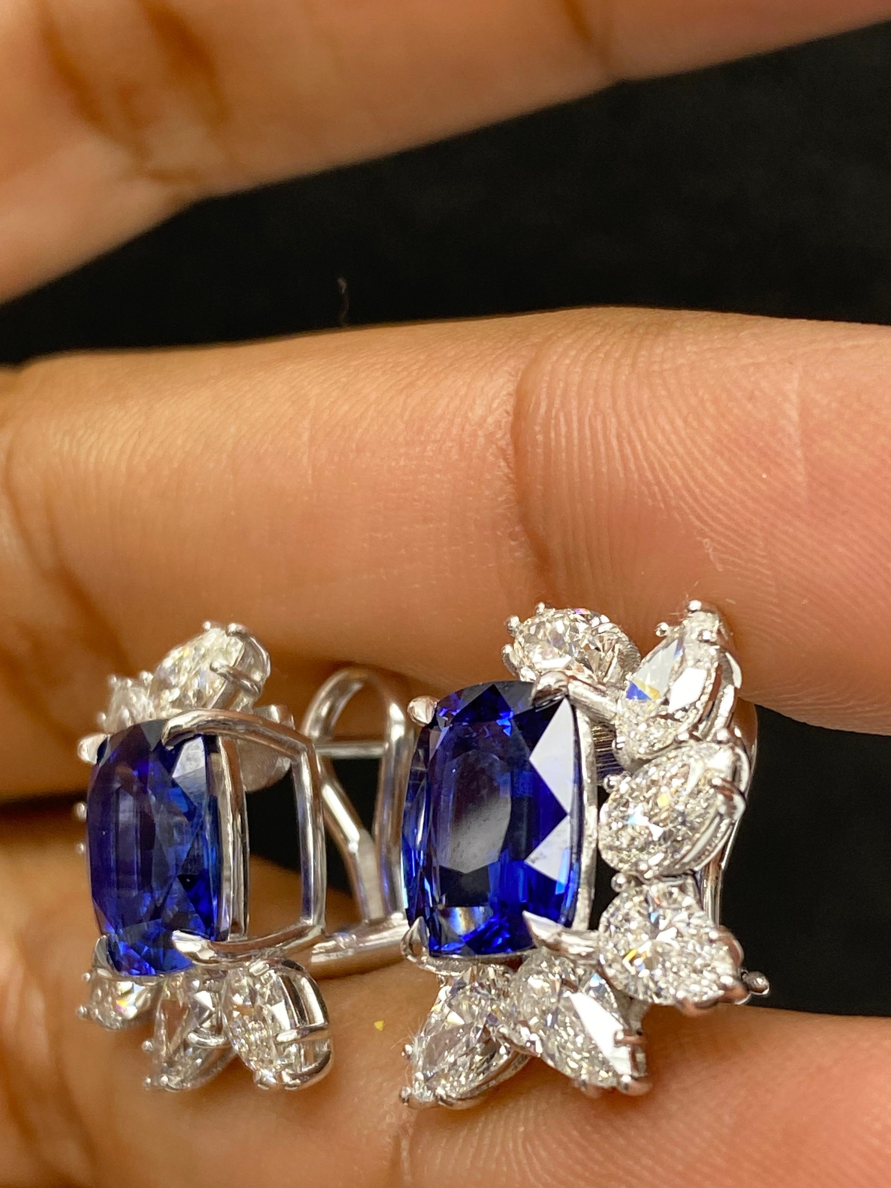 Certified 7.55 Carat Cushion Cut Sapphire Diamond Cluster Earrings in 18K  For Sale 5