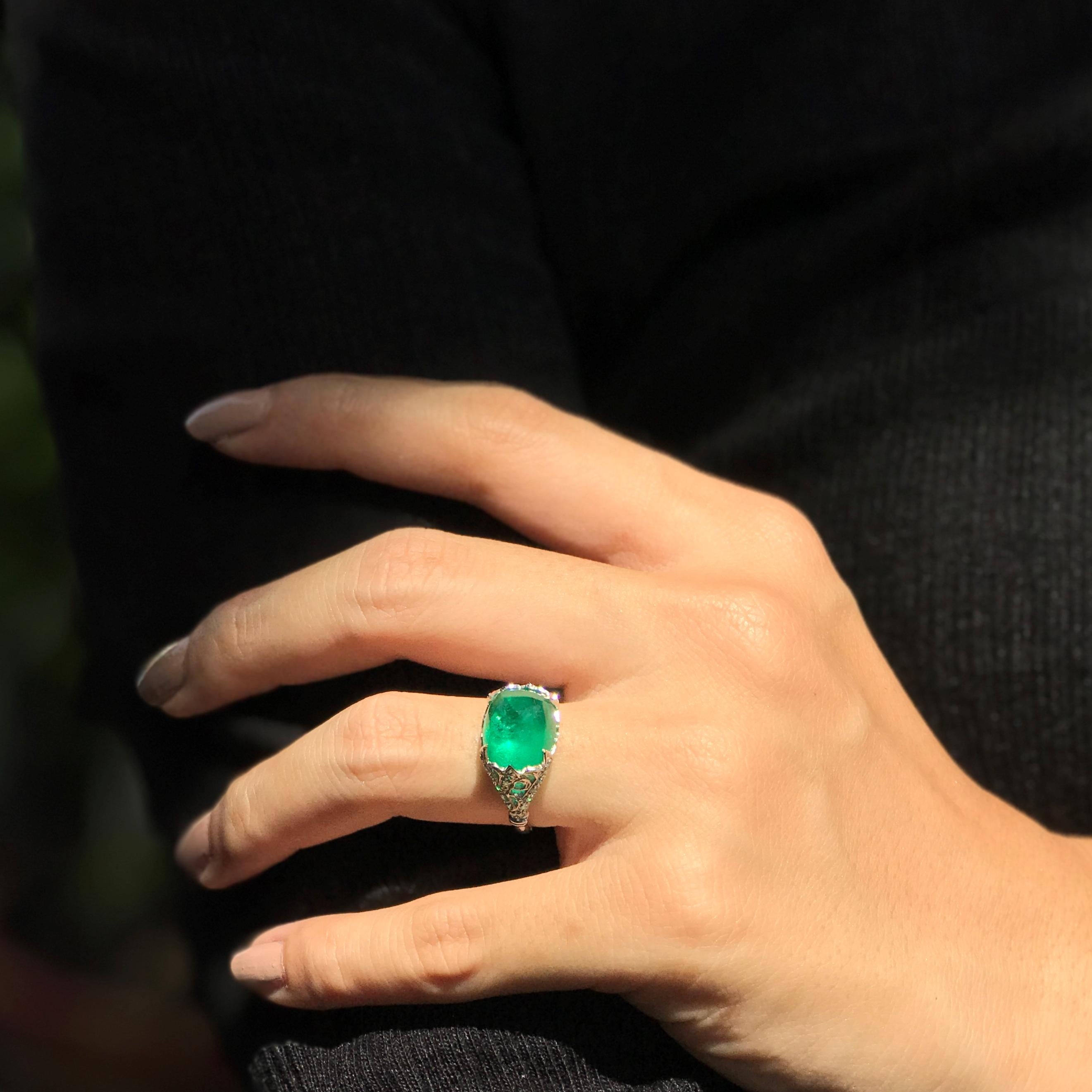 Certified 7.58 Ct. Sugarloaf Colombian Emerald Cocktail Ring in 18K White Gold 5