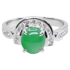 Certified 7.5mm x 6.6mm Apple Green Jade & Diamond Horseshoe Ring. Double Luck!