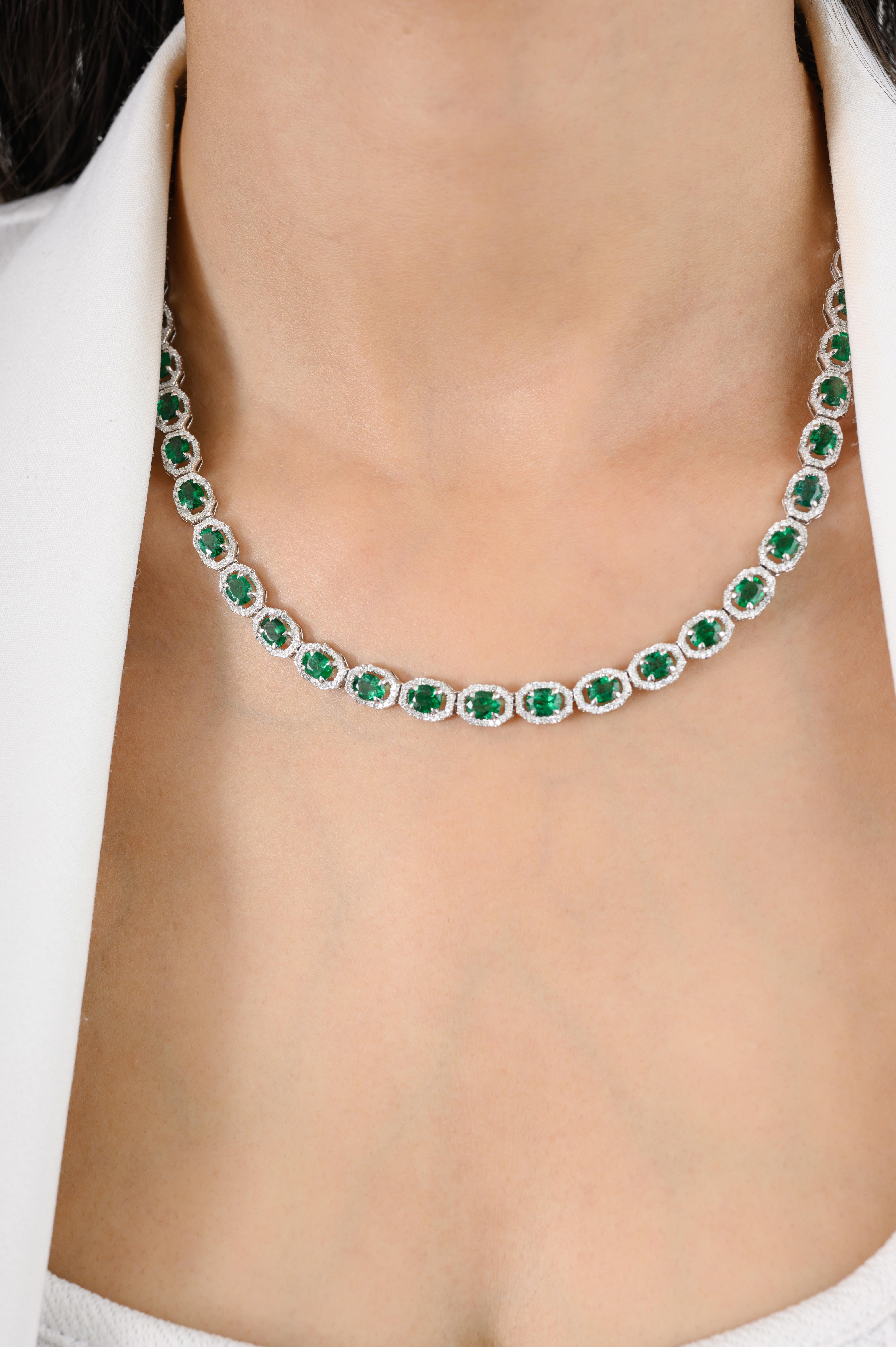 Certified 7.65 CTW Zambian Emerald Diamond Wedding Necklace in 18K Gold studded with oval emerald and diamonds. This stunning piece of jewelry instantly elevates a casual look or dressy outfit. 
Emerald enhances intellectual capacity of the