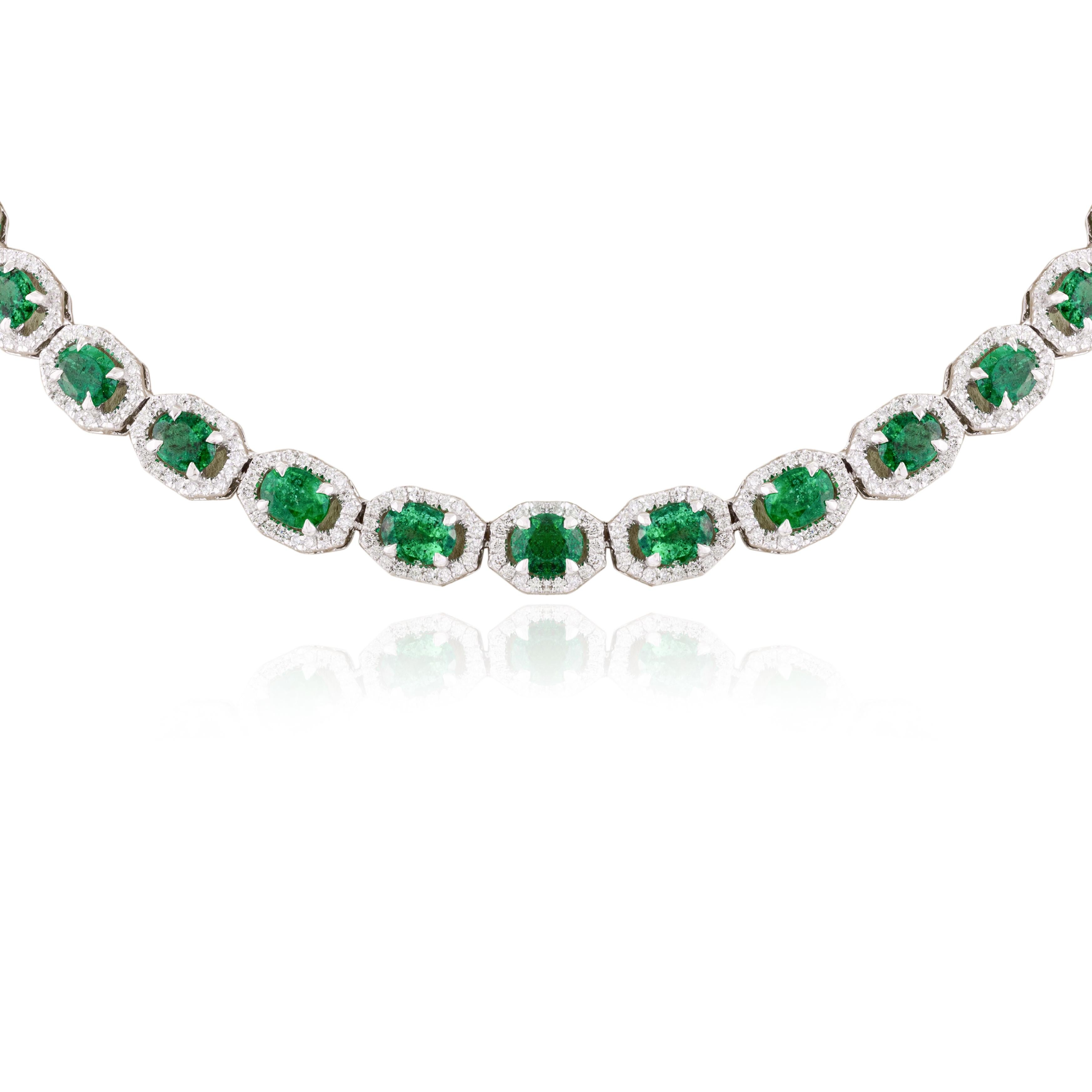Art Deco Certified 7.65 CTW Zambian Emerald Diamond Wedding Necklace in 18k White Gold For Sale