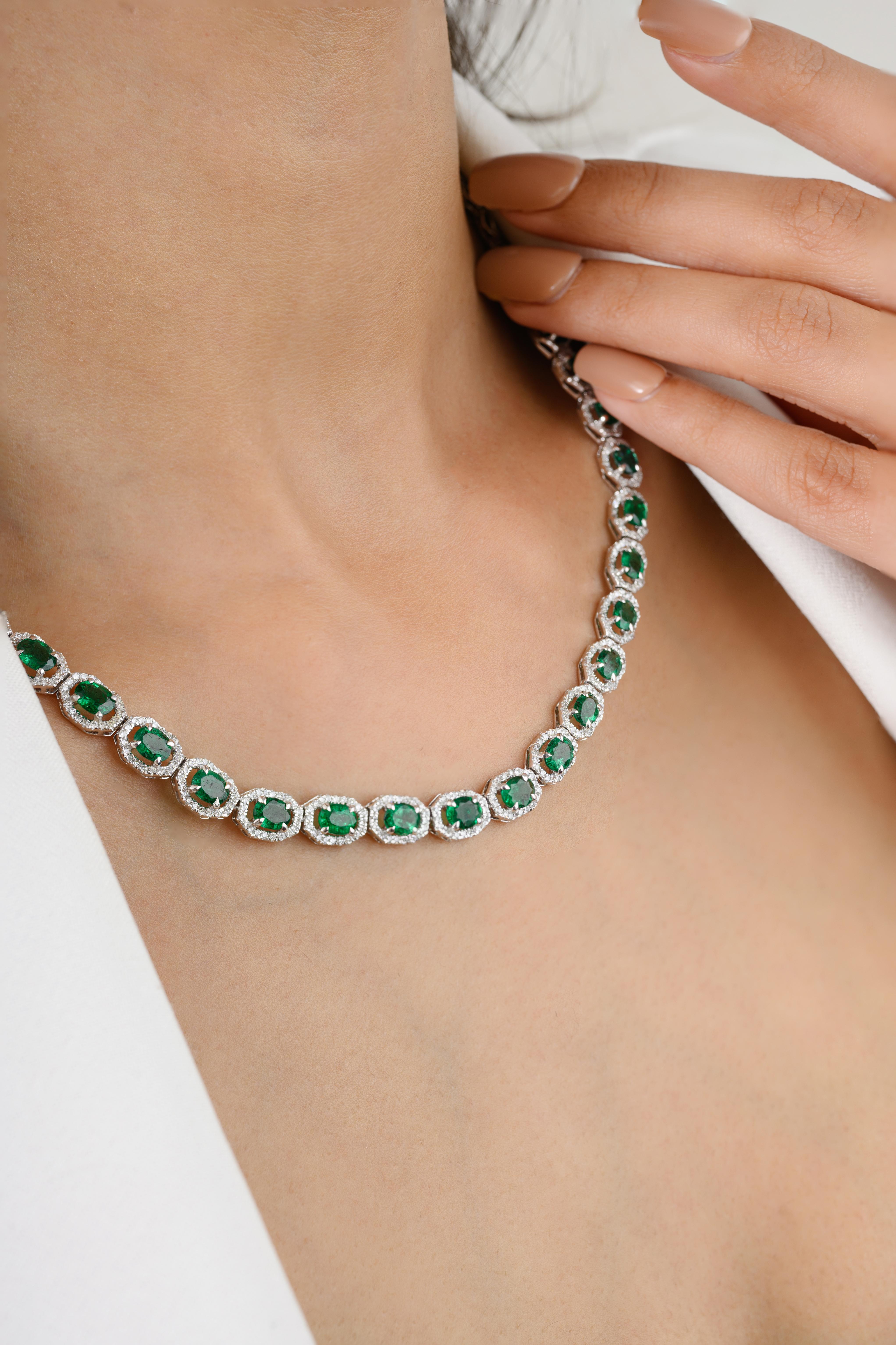 Women's Certified 7.65 CTW Zambian Emerald Diamond Wedding Necklace in 18k White Gold For Sale