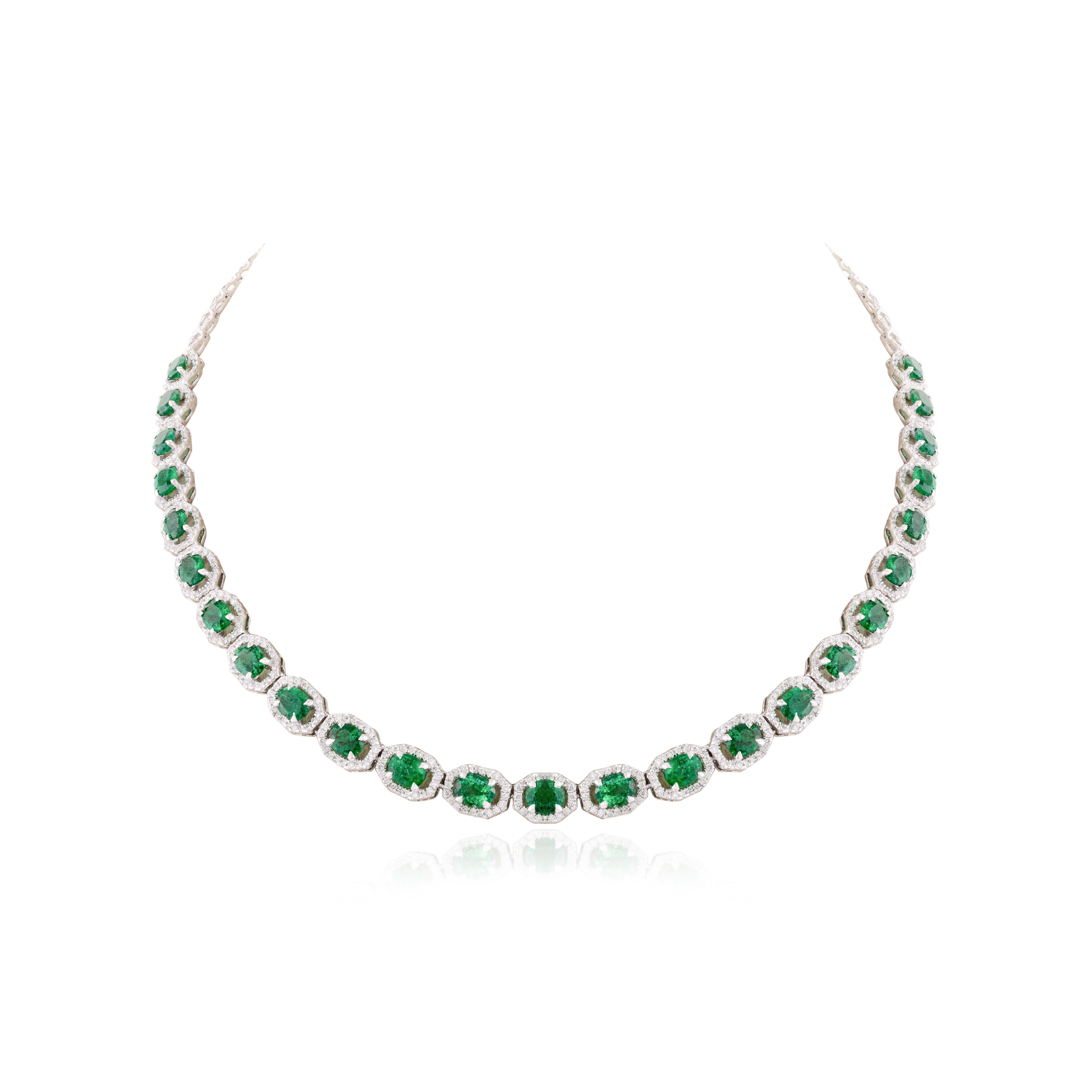 Certified 7.65 CTW Zambian Emerald Diamond Wedding Necklace in 18k White Gold For Sale 2