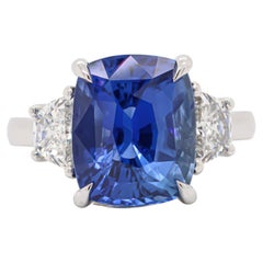 Certified 7.75 Carat Sapphire Cushion Cut Three-Stone Ring