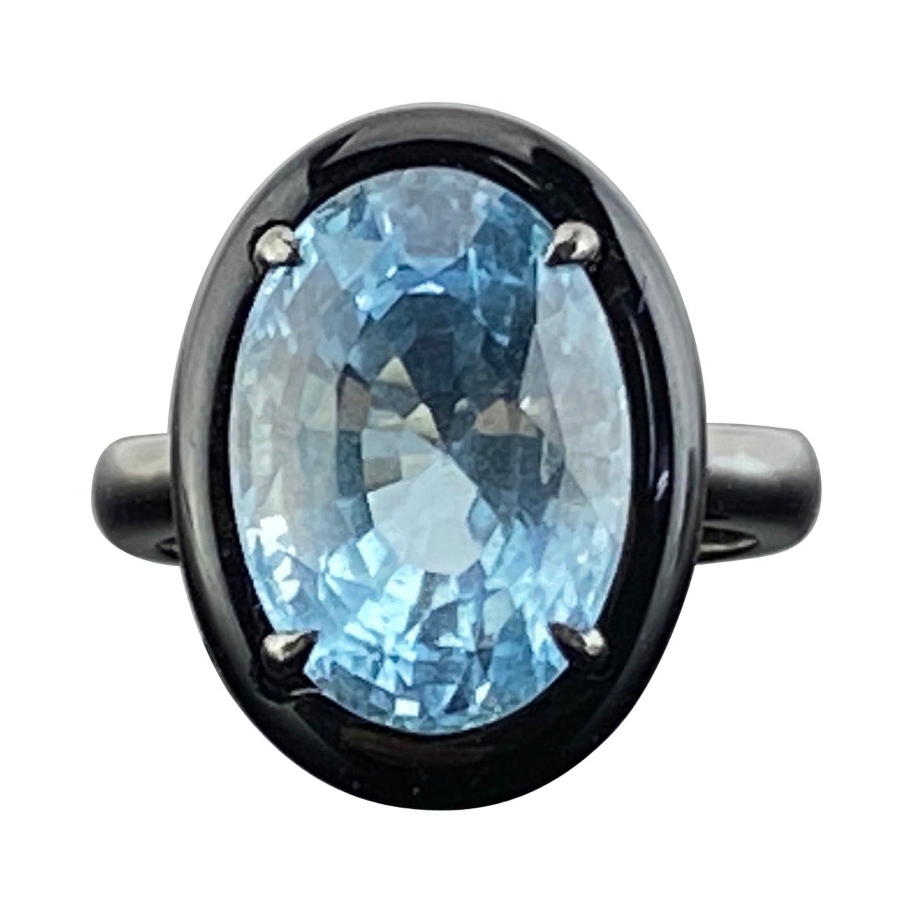 Cocktail-Ring-Set aus zertifiziertem 7,76 Aquamarin und schwarzem Onyx I8K Schwarzgold im Angebot