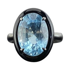Certified 7.76 Aquamarine And Black Onyx Cocktail Ring Set I8K Black Gold
