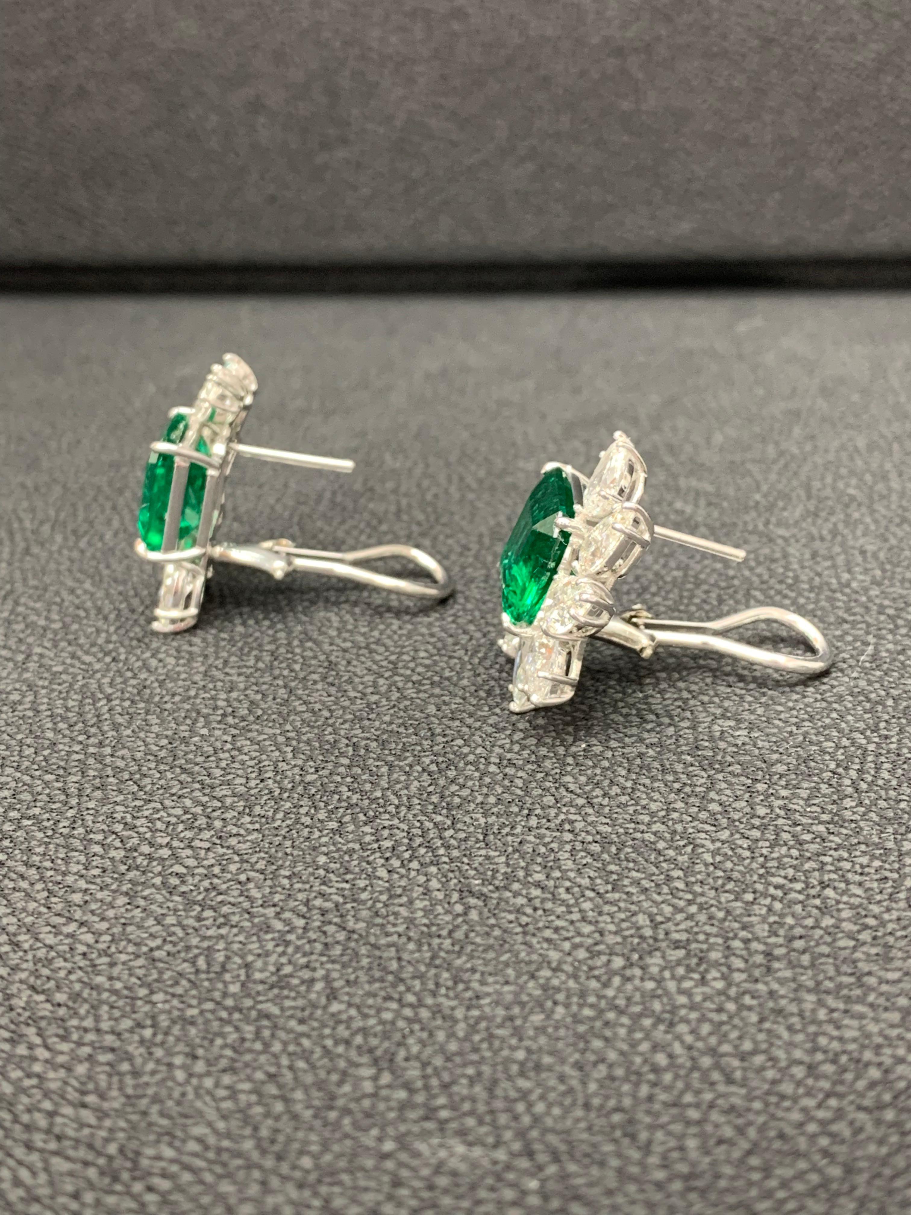Certified 7.82 Carat Emerald Cut Emerald and Diamond Cluster Earrings in 18K  For Sale 7