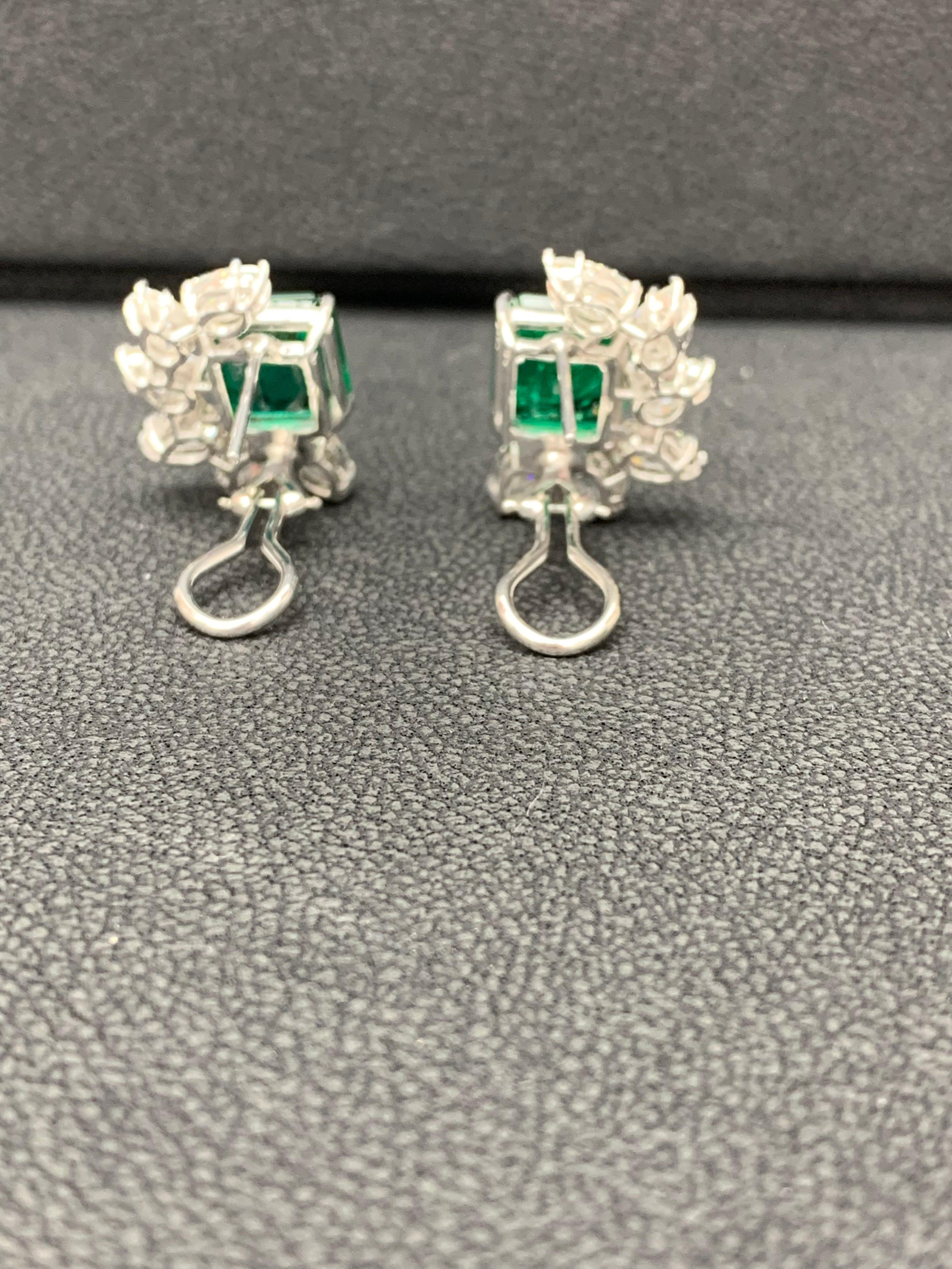 Certified 7.82 Carat Emerald Cut Emerald and Diamond Cluster Earrings in 18K  For Sale 8