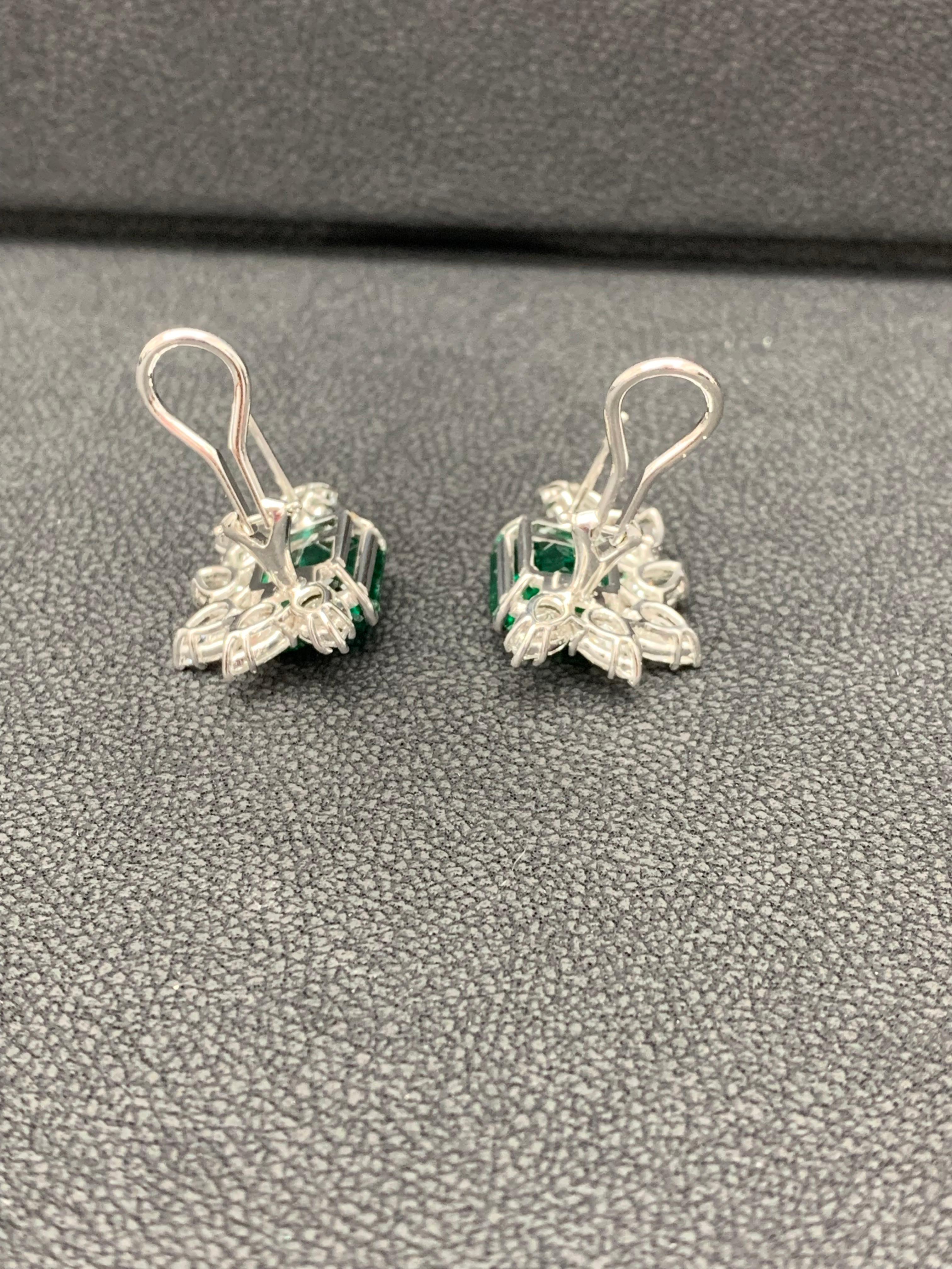 Certified 7.82 Carat Emerald Cut Emerald and Diamond Cluster Earrings in 18K  For Sale 9