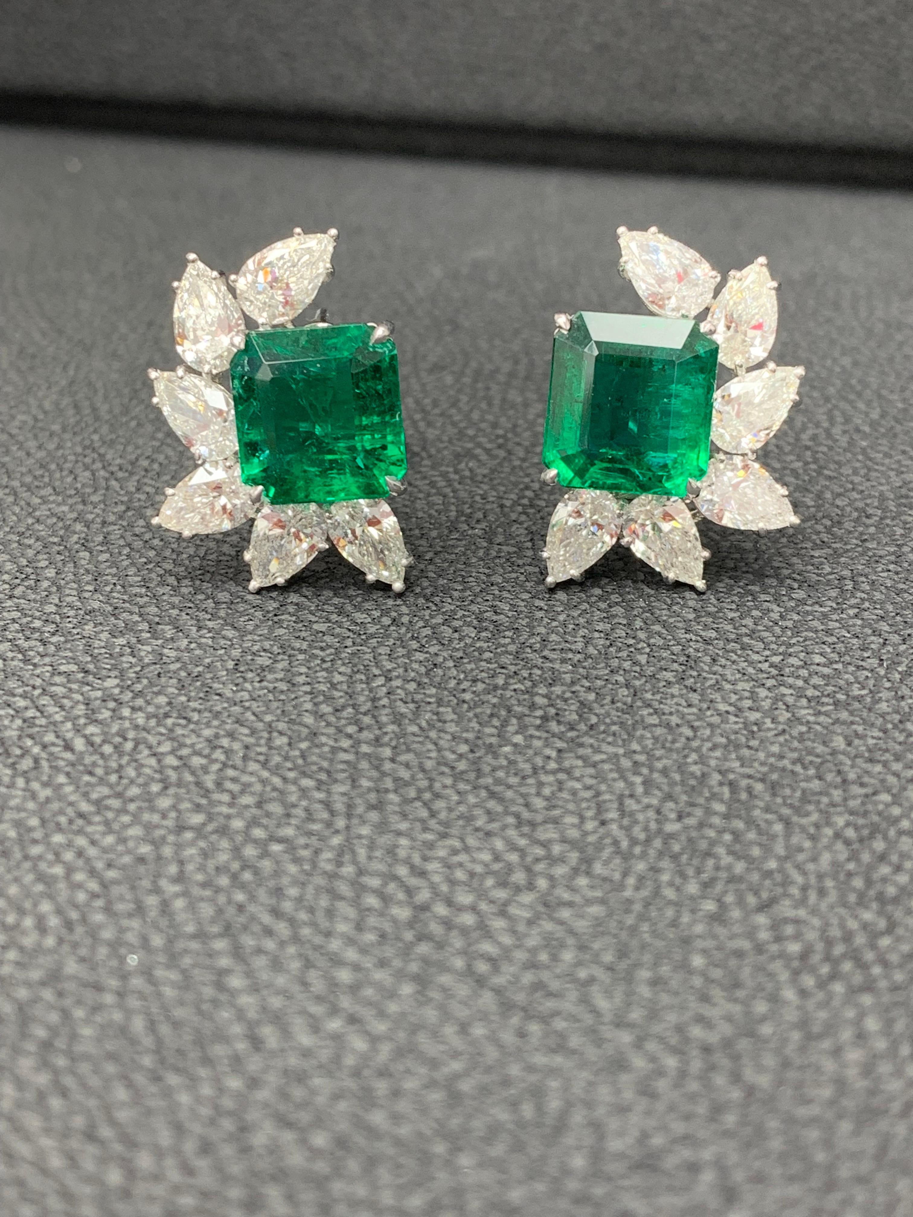 Certified 7.82 Carat Emerald Cut Emerald and Diamond Cluster Earrings in 18K  For Sale 11