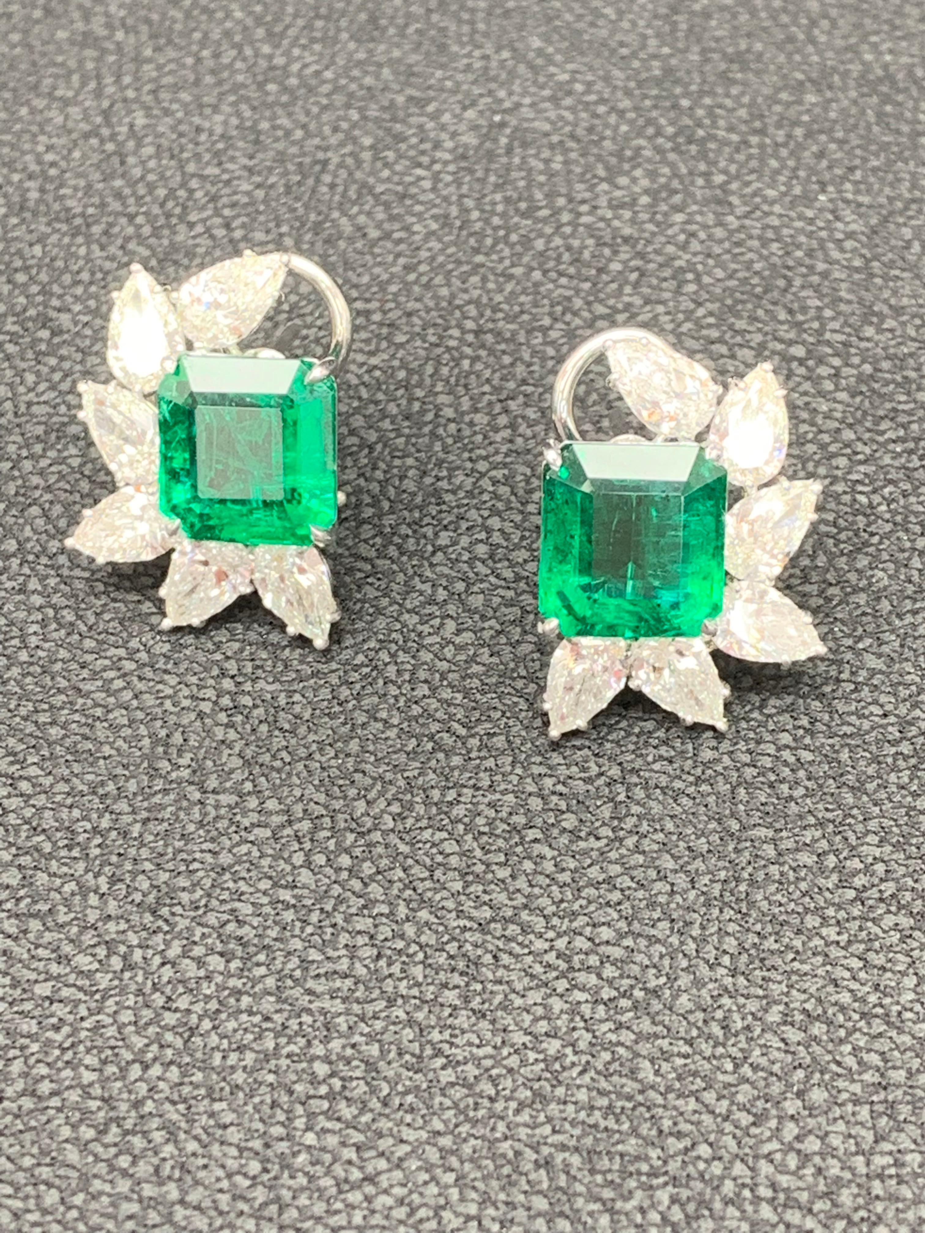 Modern Certified 7.82 Carat Emerald Cut Emerald and Diamond Cluster Earrings in 18K  For Sale