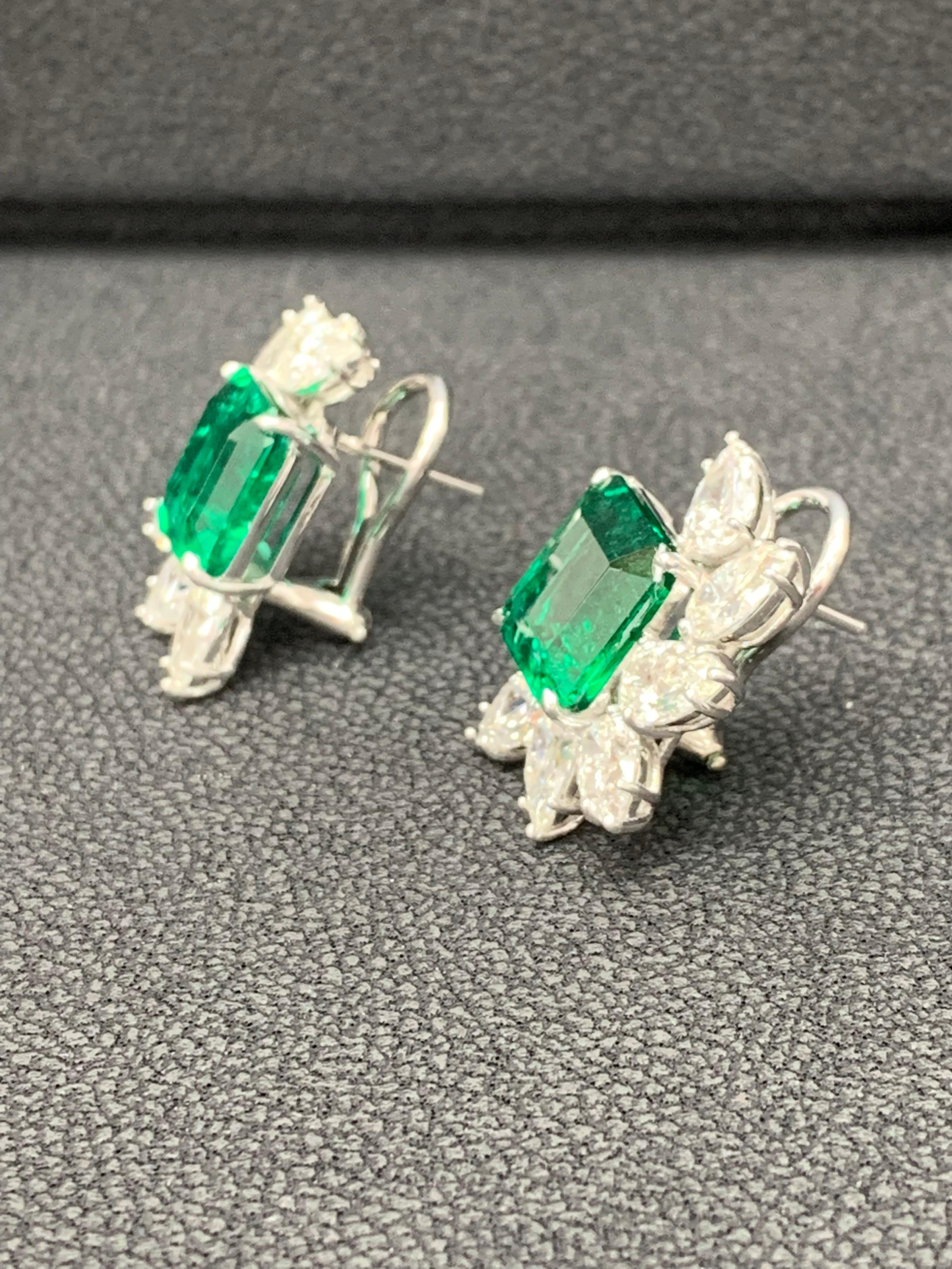 Certified 7.82 Carat Emerald Cut Emerald and Diamond Cluster Earrings in 18K  In New Condition For Sale In NEW YORK, NY