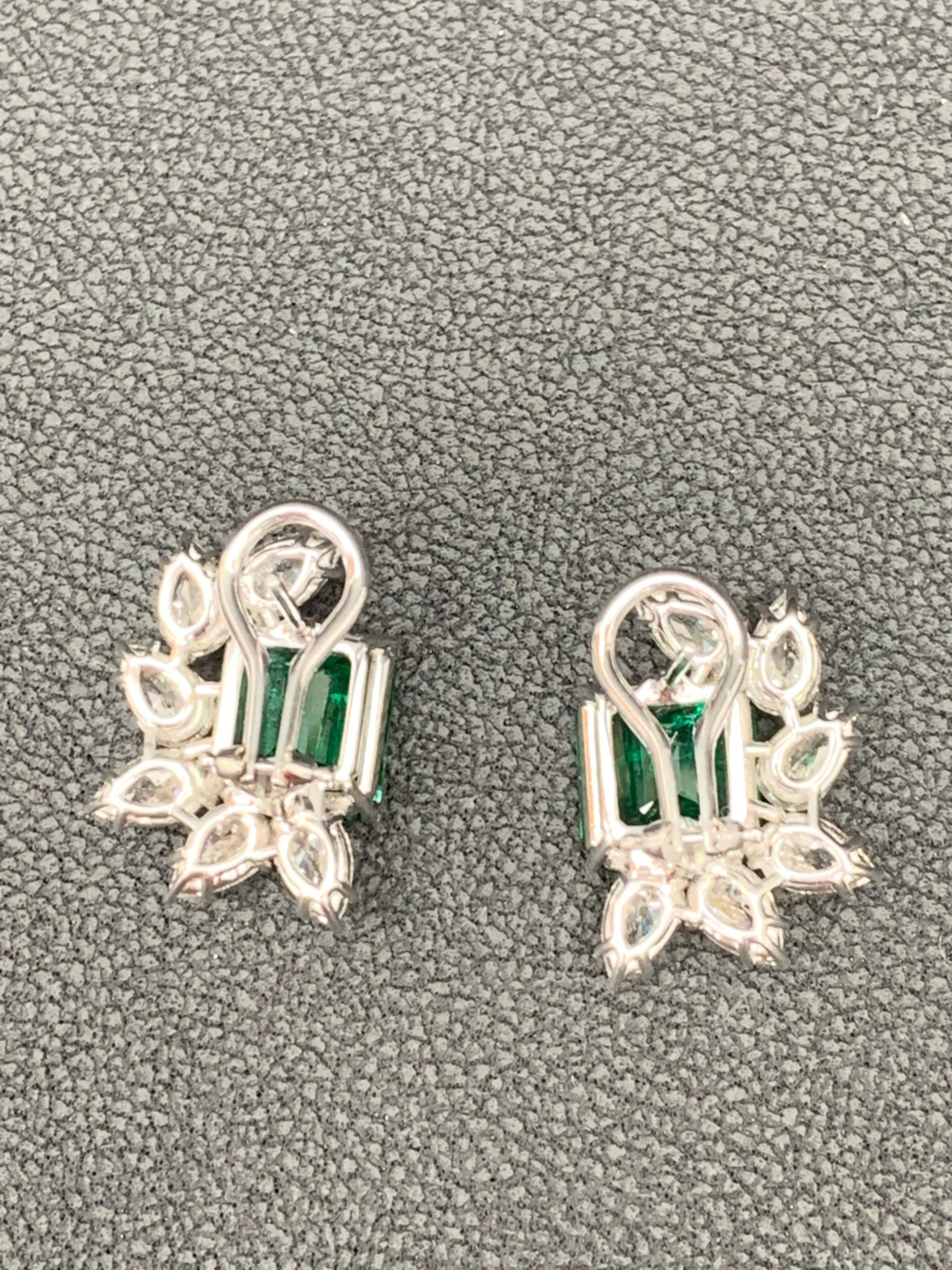 Women's Certified 7.82 Carat Emerald Cut Emerald and Diamond Cluster Earrings in 18K  For Sale