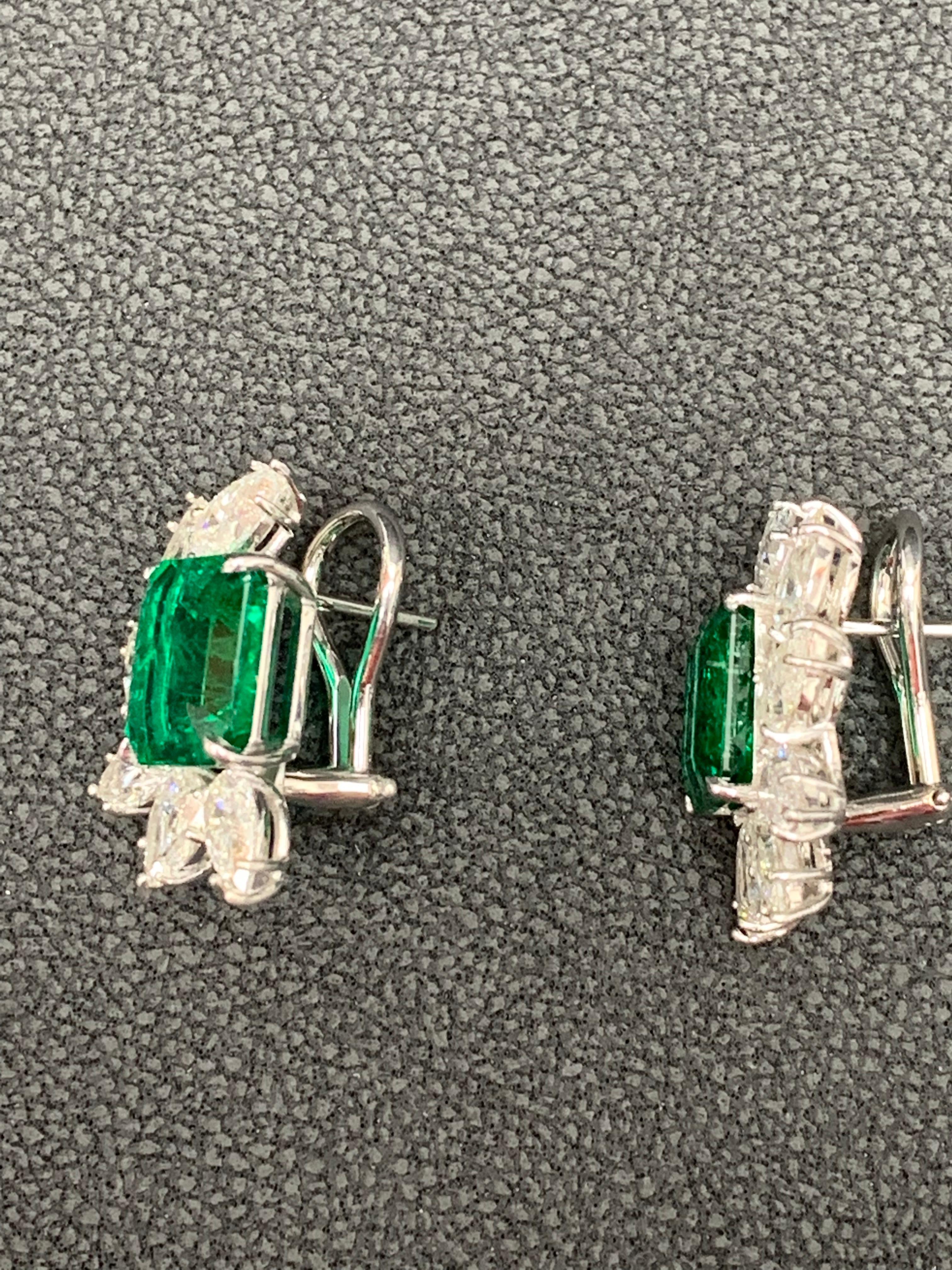 Certified 7.82 Carat Emerald Cut Emerald and Diamond Cluster Earrings in 18K  For Sale 1