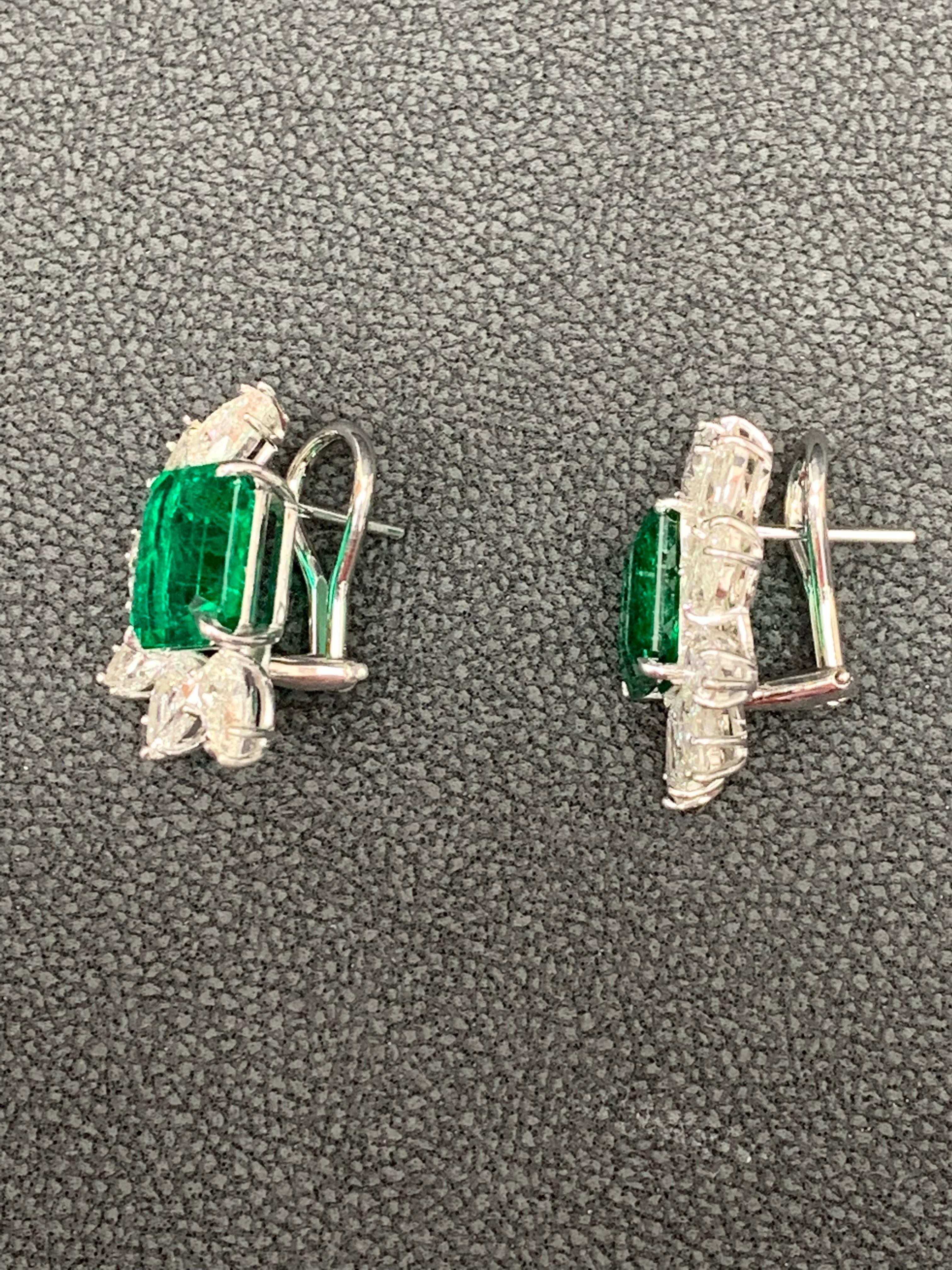 Certified 7.82 Carat Emerald Cut Emerald and Diamond Cluster Earrings in 18K  For Sale 2