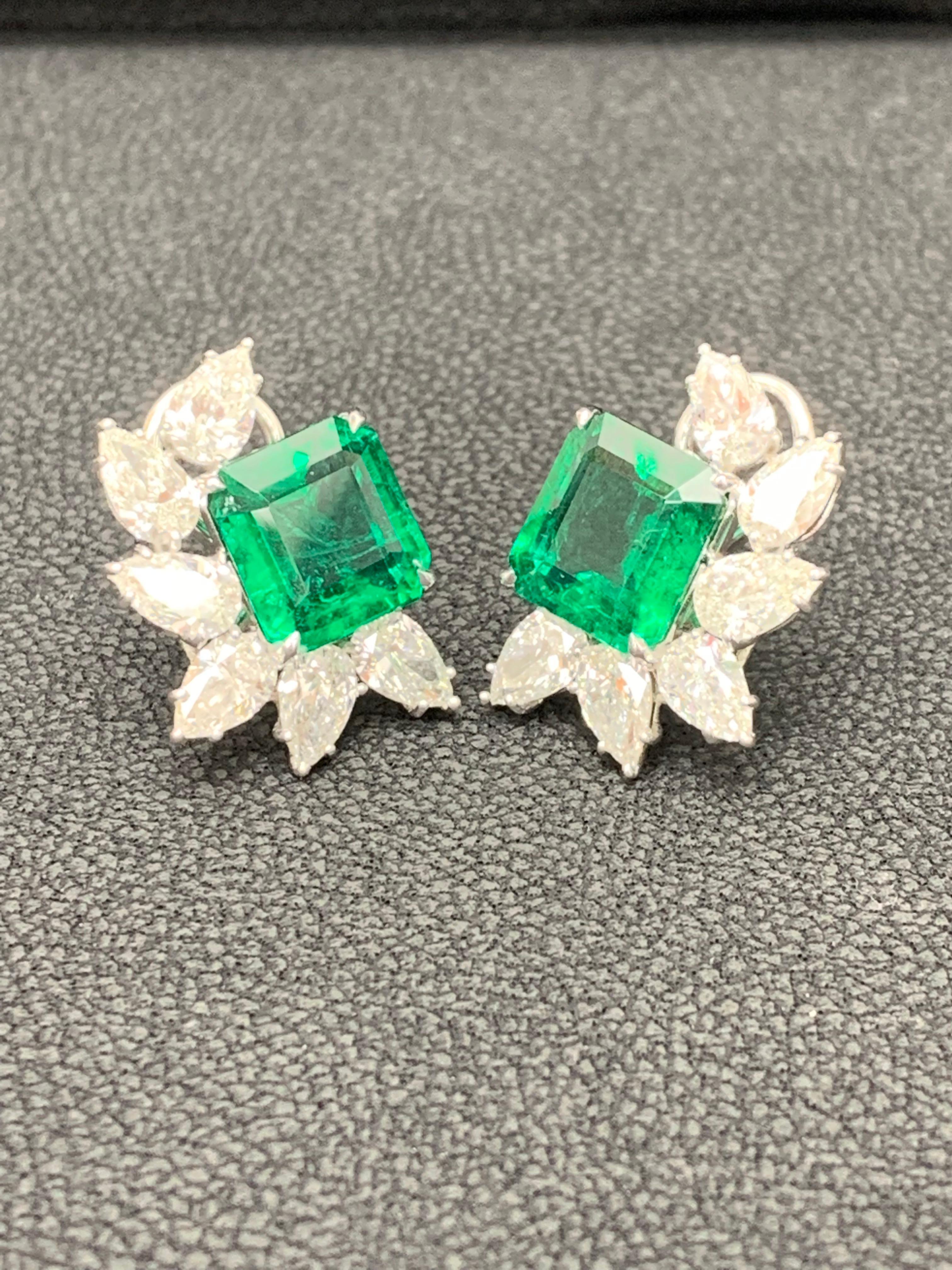 Certified 7.82 Carat Emerald Cut Emerald and Diamond Cluster Earrings in 18K  For Sale 3
