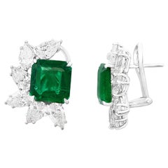 Certified 7.82 Carat Emerald Cut Emerald and Diamond Cluster Earrings in 18K 