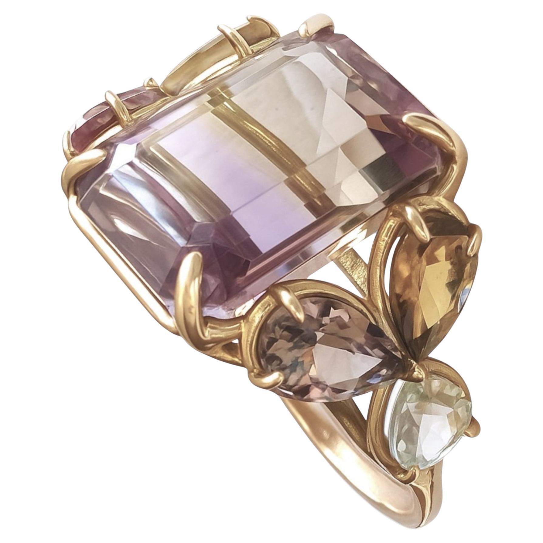 Certificado 7.82ct Ametrina Turmalina Aguamarina Cocktail Anillo Oro 14K Hecho a Mano