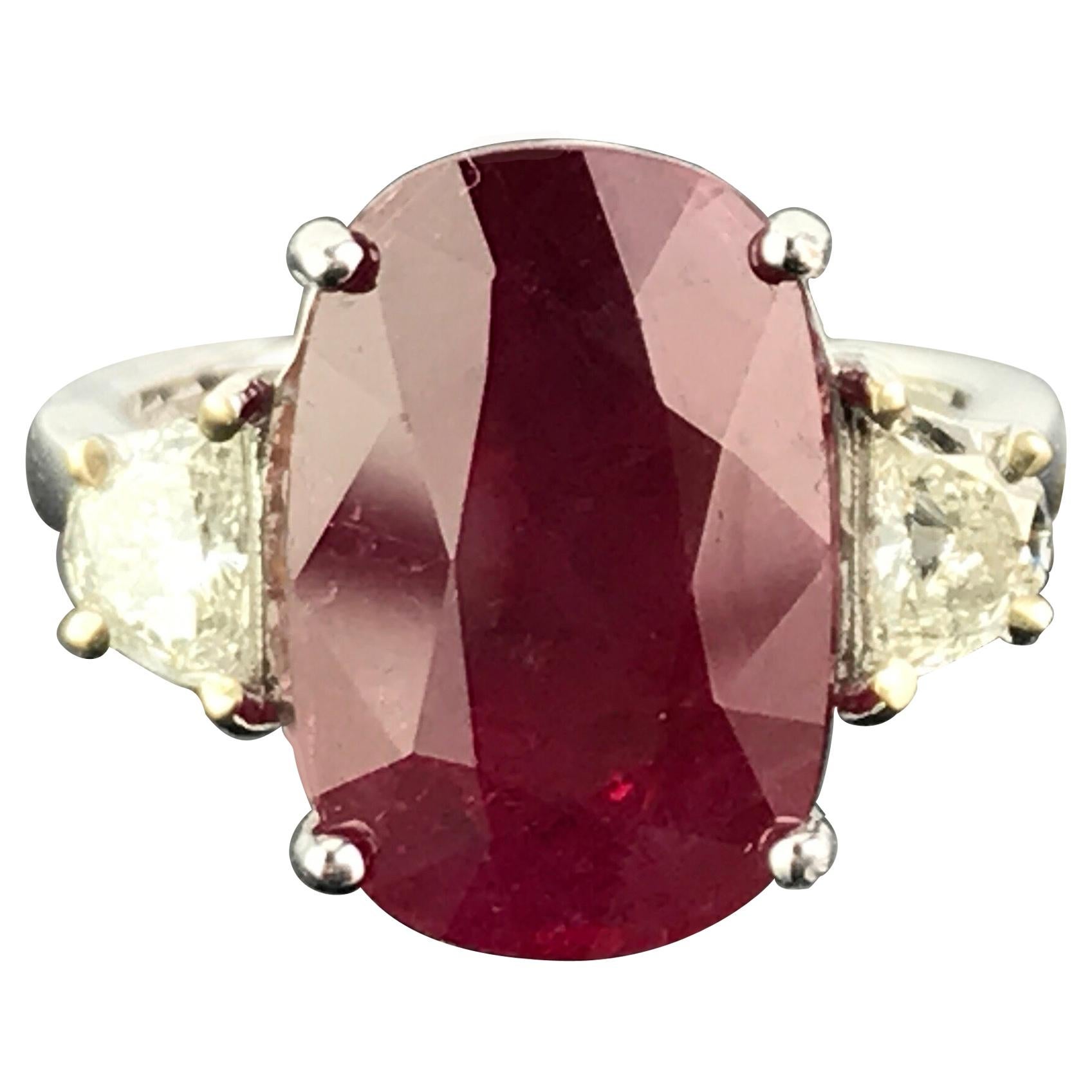 Certified 7.85 Carat Burma Ruby and Diamond Three-Stone Engagement Ring