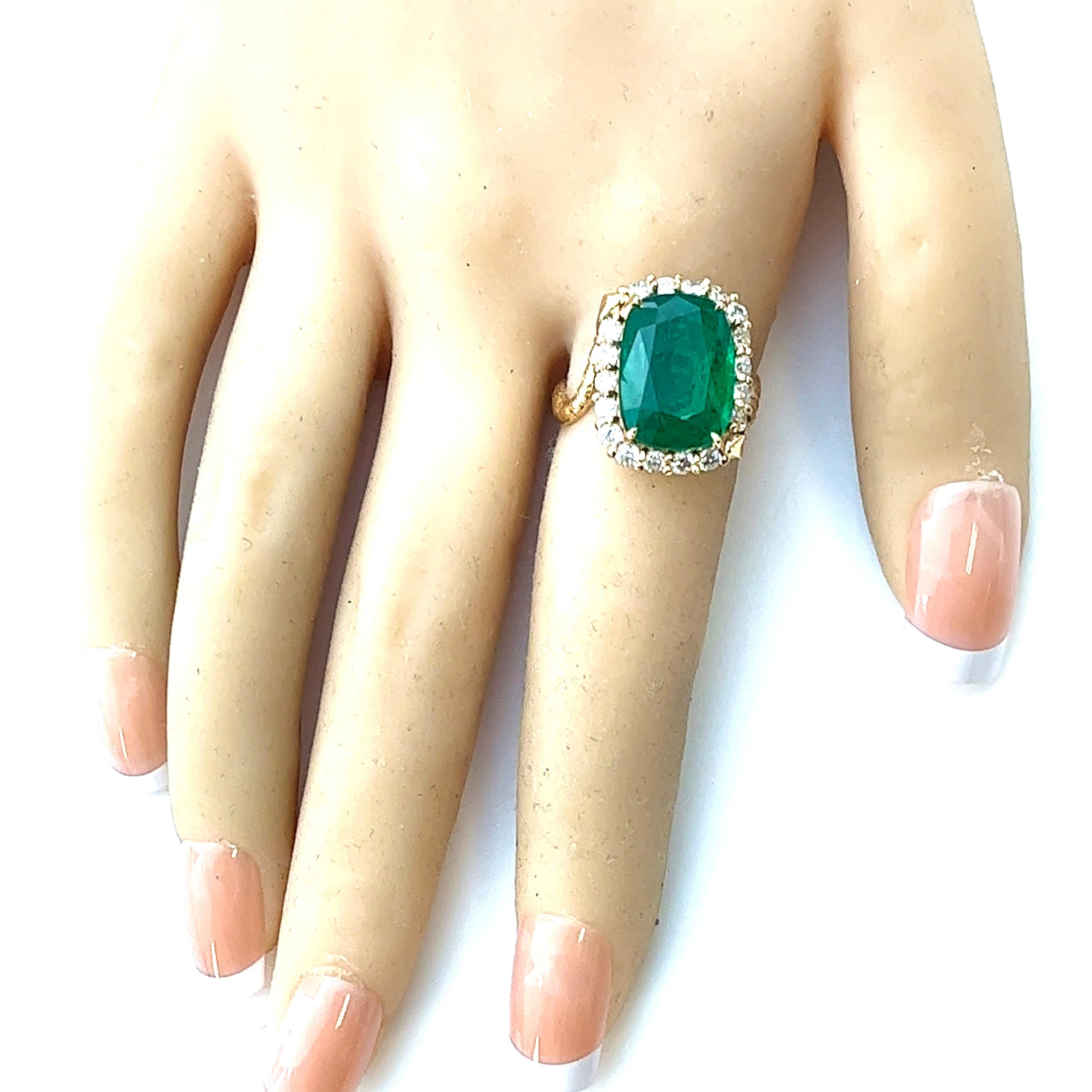 Antique Cushion Cut Certified 7.86 carat Emerald and 1 Carat Diamonds Snake ring , Minor.  For Sale