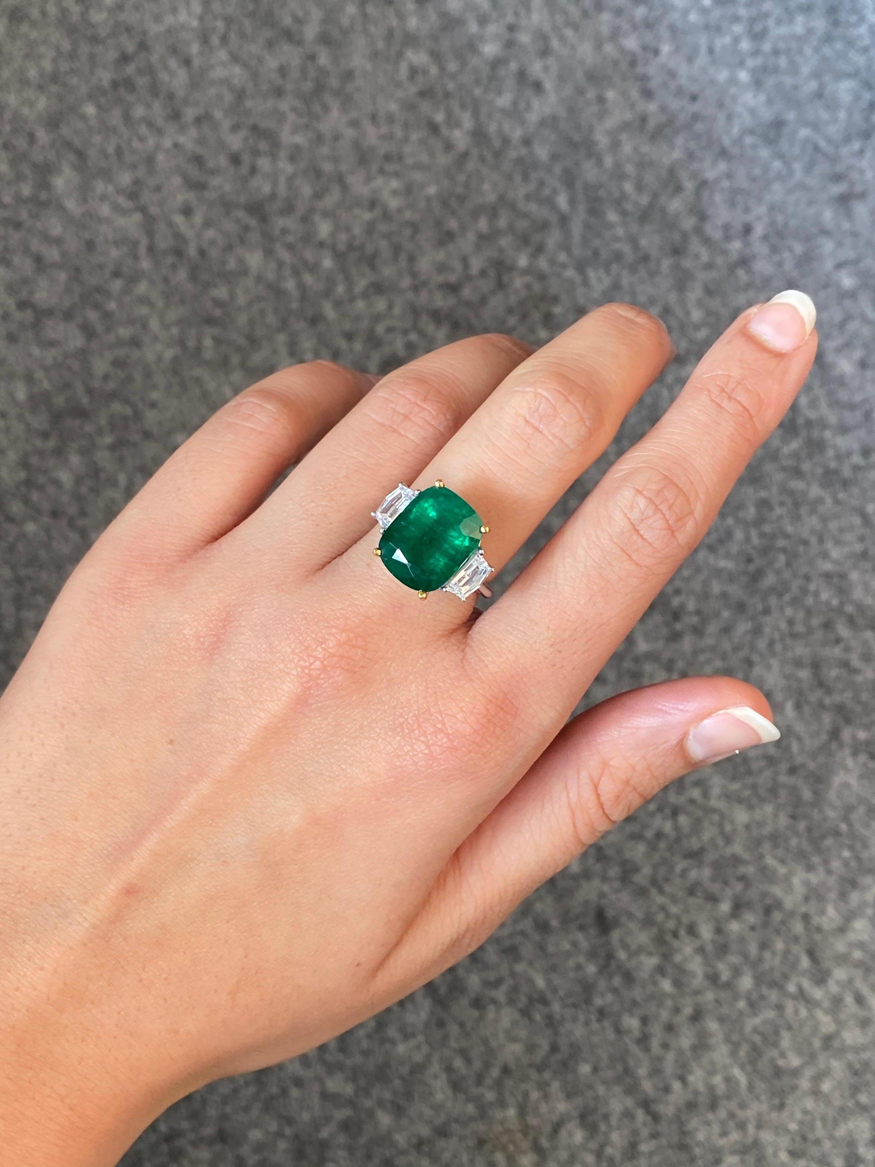 Modern Certified 7.88 Carat Emerald and Diamond Three-Stone Engagement Ring