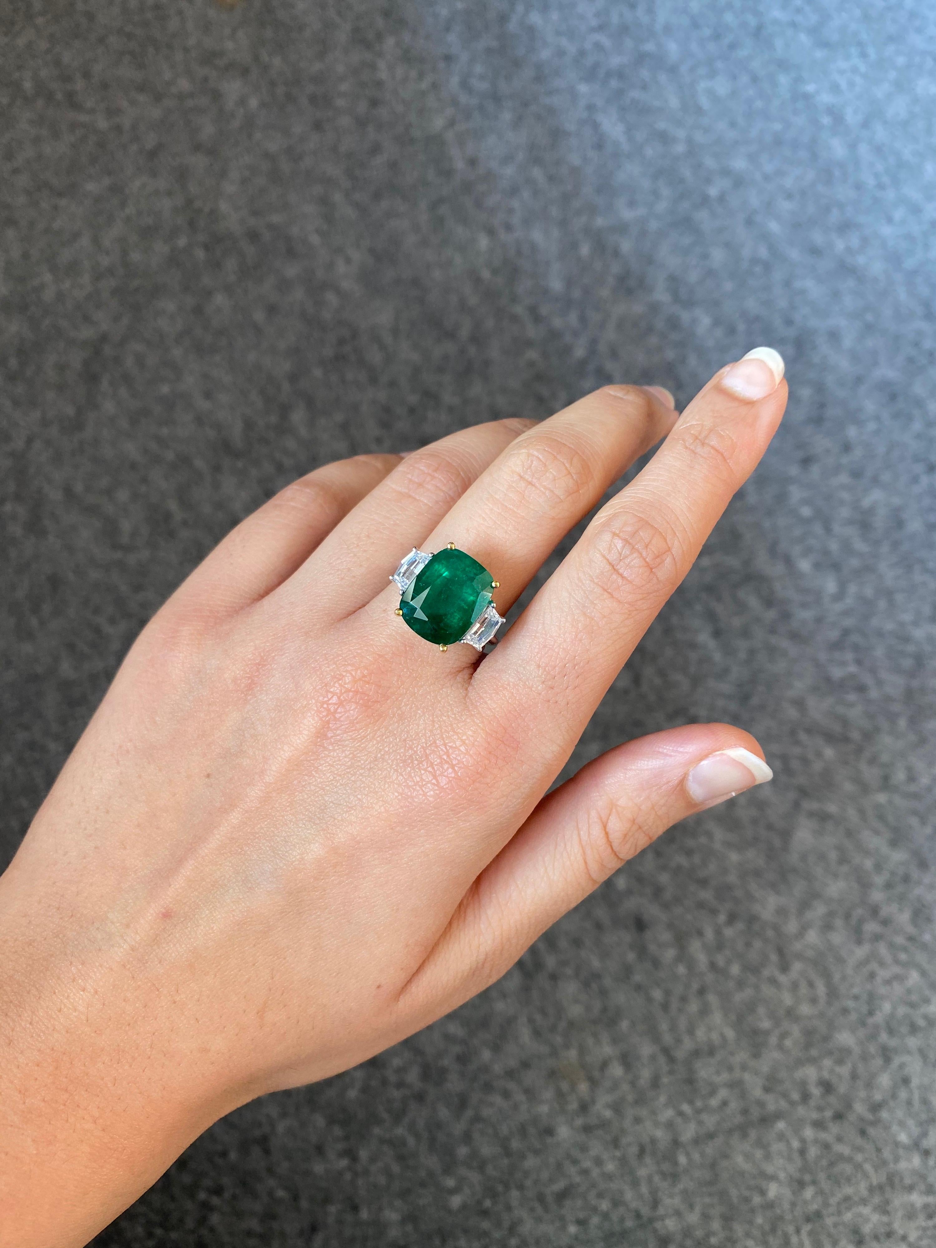 Cushion Cut Certified 7.88 Carat Emerald and Diamond Three-Stone Engagement Ring