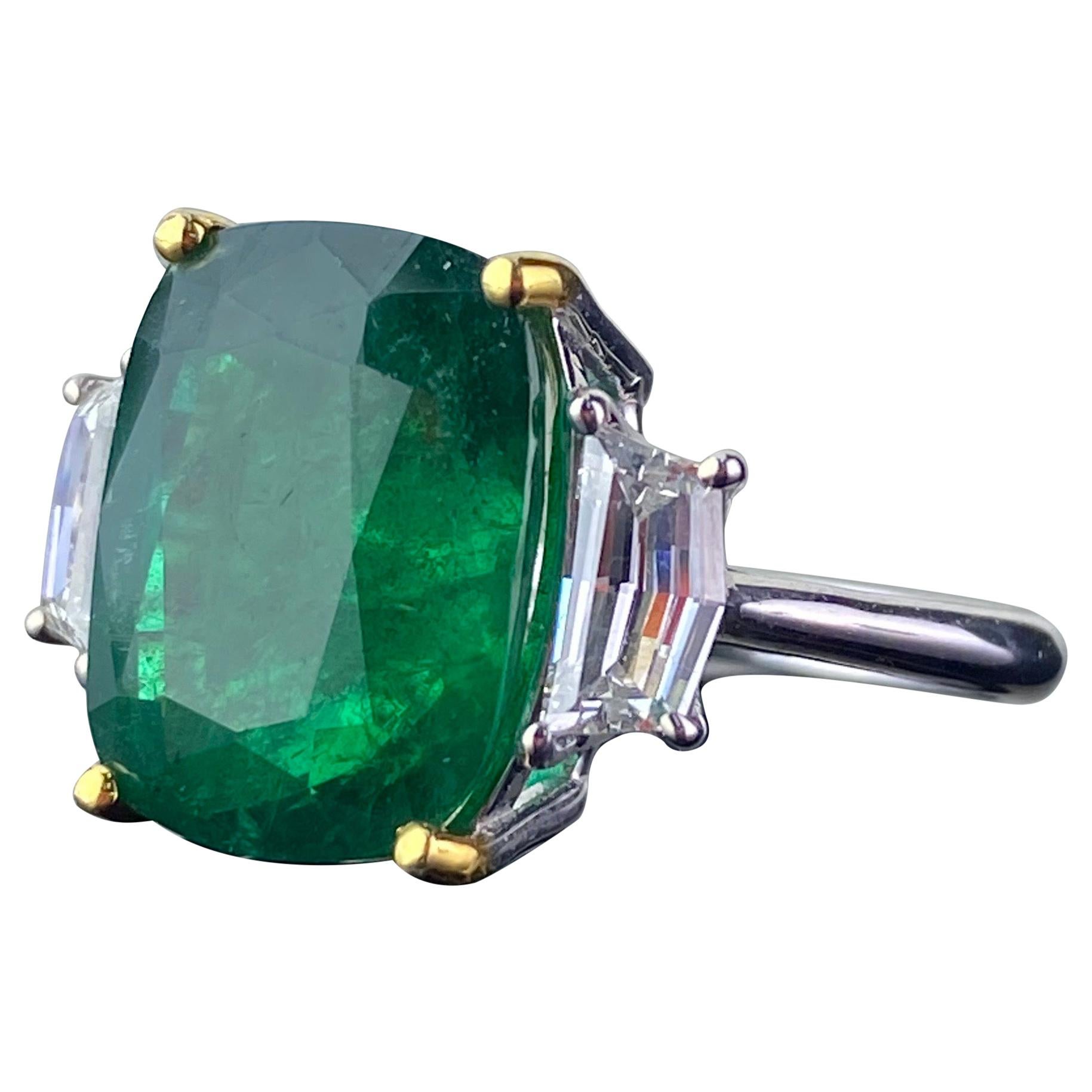 Certified 7.88 Carat Emerald and Diamond Three-Stone Engagement Ring
