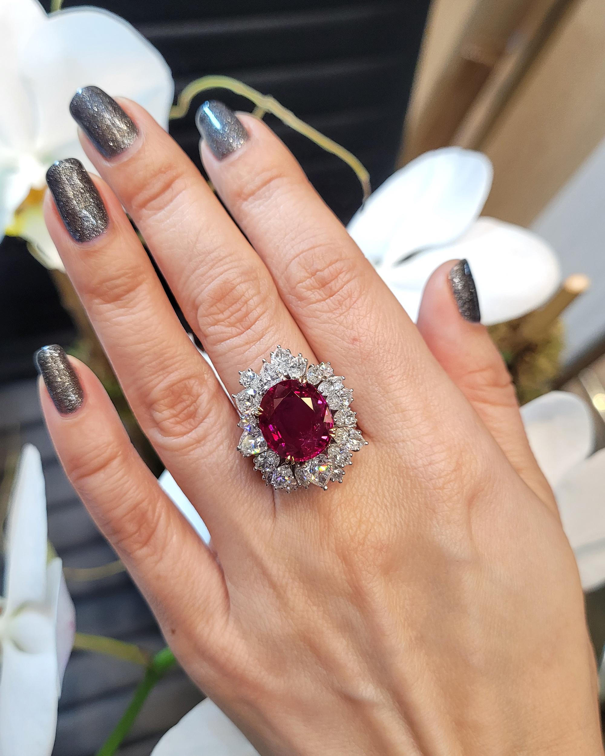 Spectra Fine Jewelry, Certified 7.91 Carat Burmese Ruby Diamond Cocktail Ring In New Condition For Sale In New York, NY