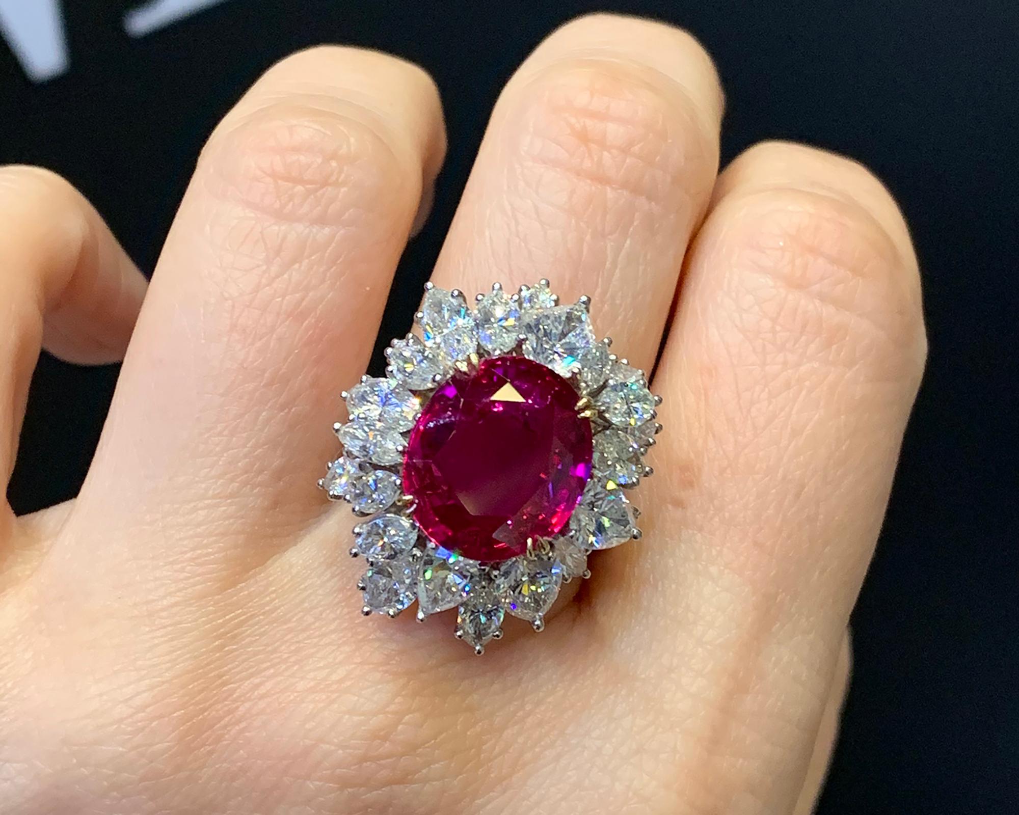 Spectra Fine Jewelry, Certified 7.91 Carat Burmese Ruby Diamond Cocktail Ring For Sale 1