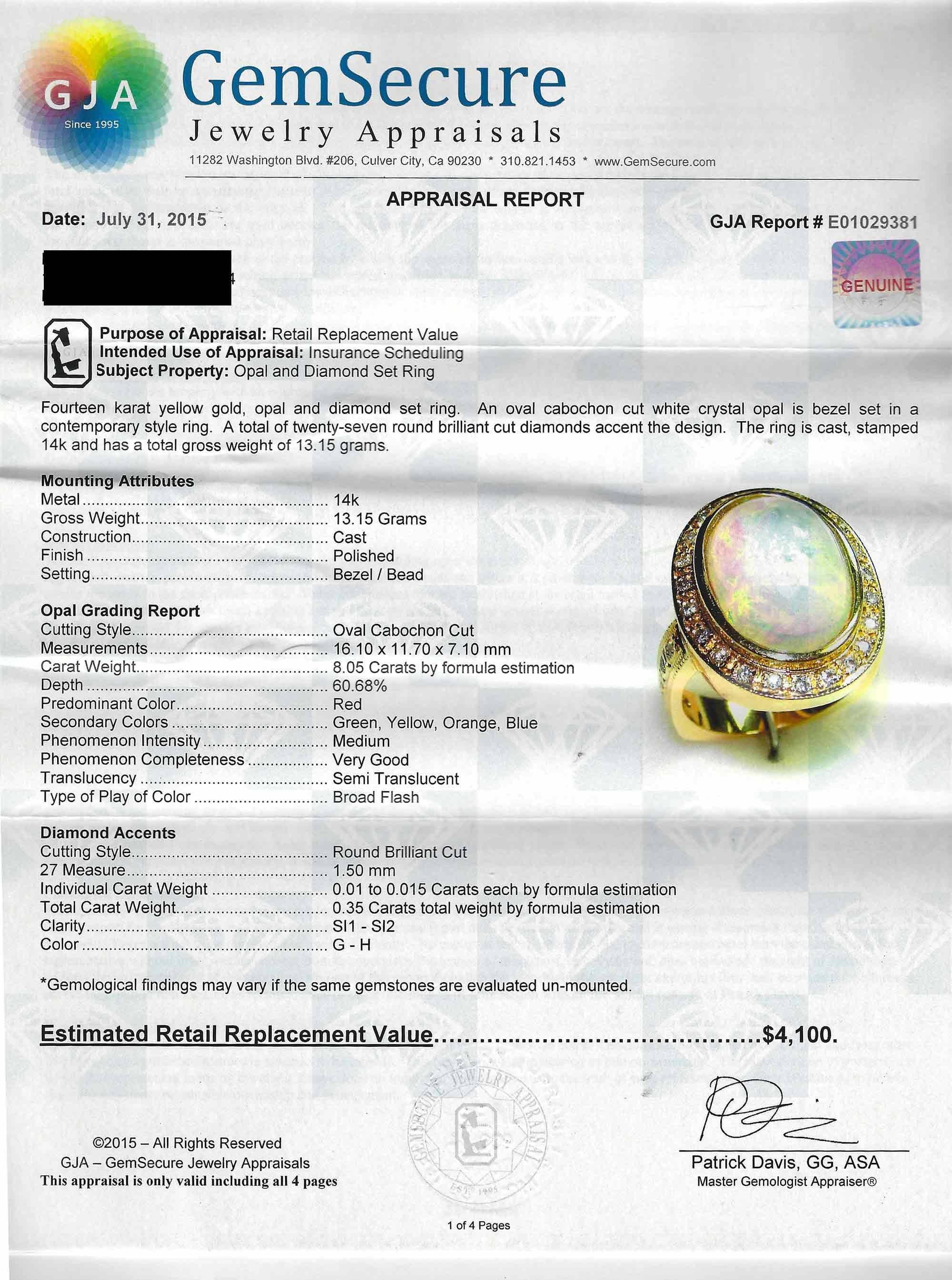 Certified 8 Carat Australian Opal Diamond Oval Cocktail Ring Dome Statement 2