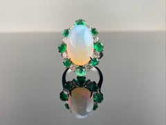 Certified 8.01 Carat Opal Cabochon, Emerald and Diamond Cocktail Ring