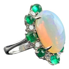 Certified 8.01 Carat Opal Cabochon, Emerald and Diamond Cocktail Ring