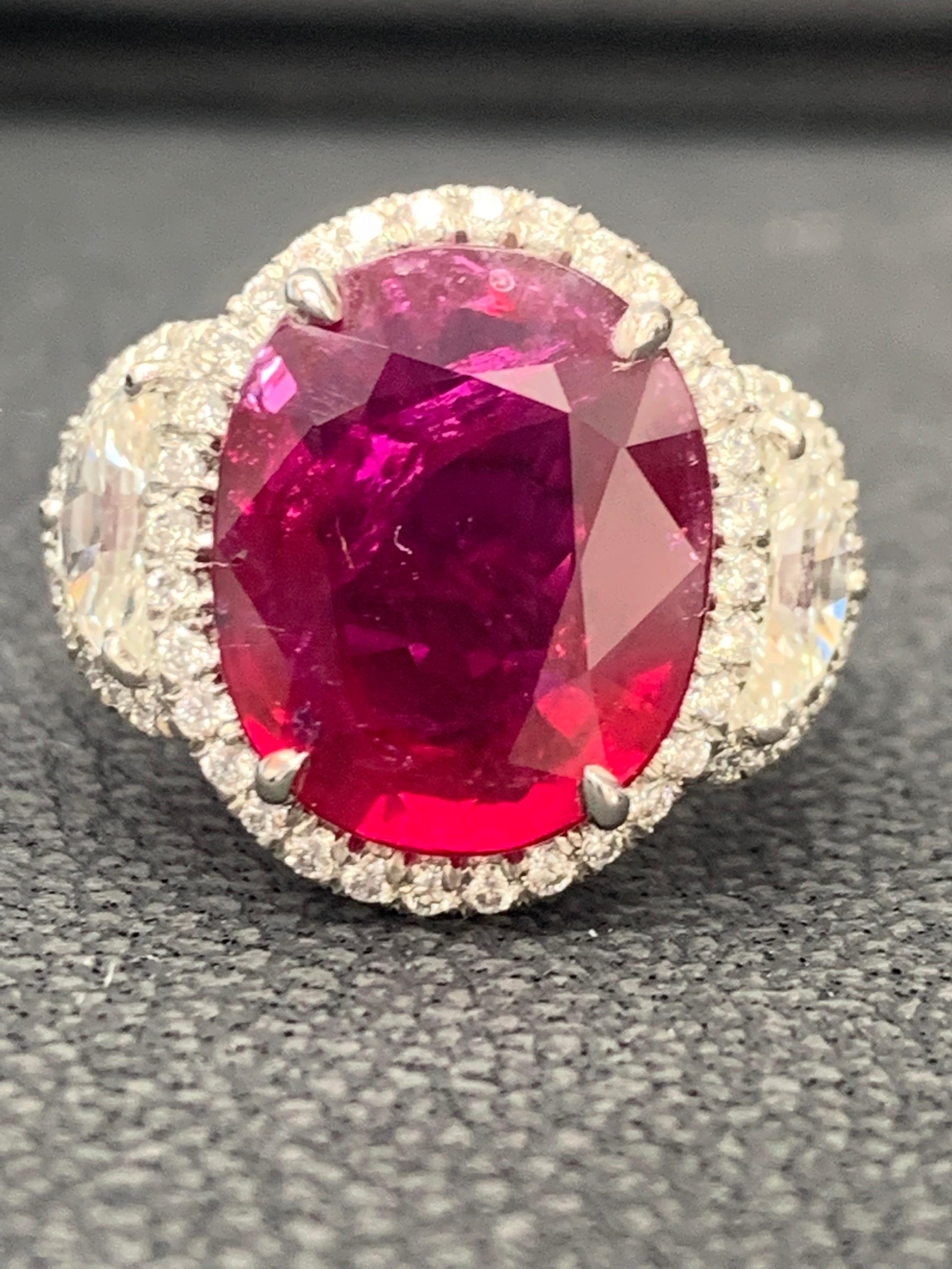 Certified 8.02 Carat Oval Cut Ruby and Diamond Three-Stone Halo Ring in Platinum For Sale 6