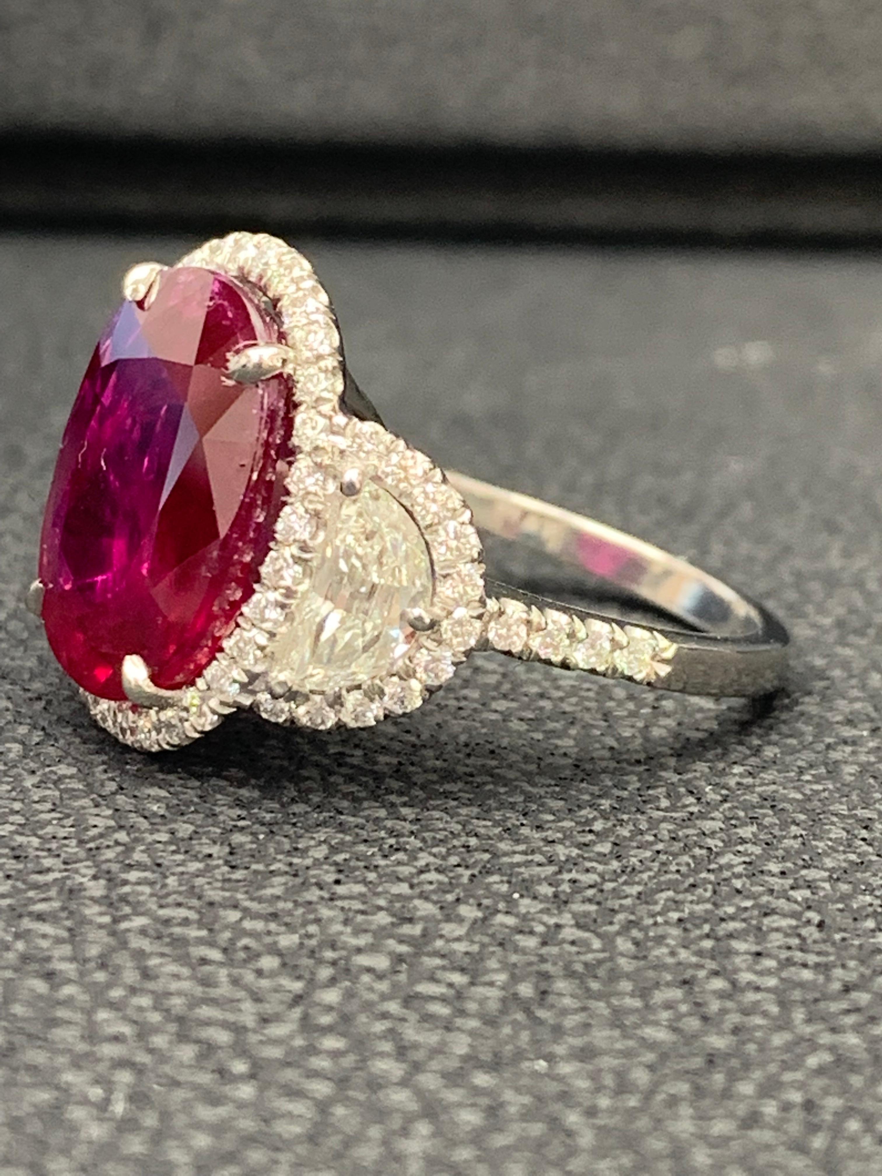 Certified 8.02 Carat Oval Cut Ruby and Diamond Three-Stone Halo Ring in Platinum For Sale 7