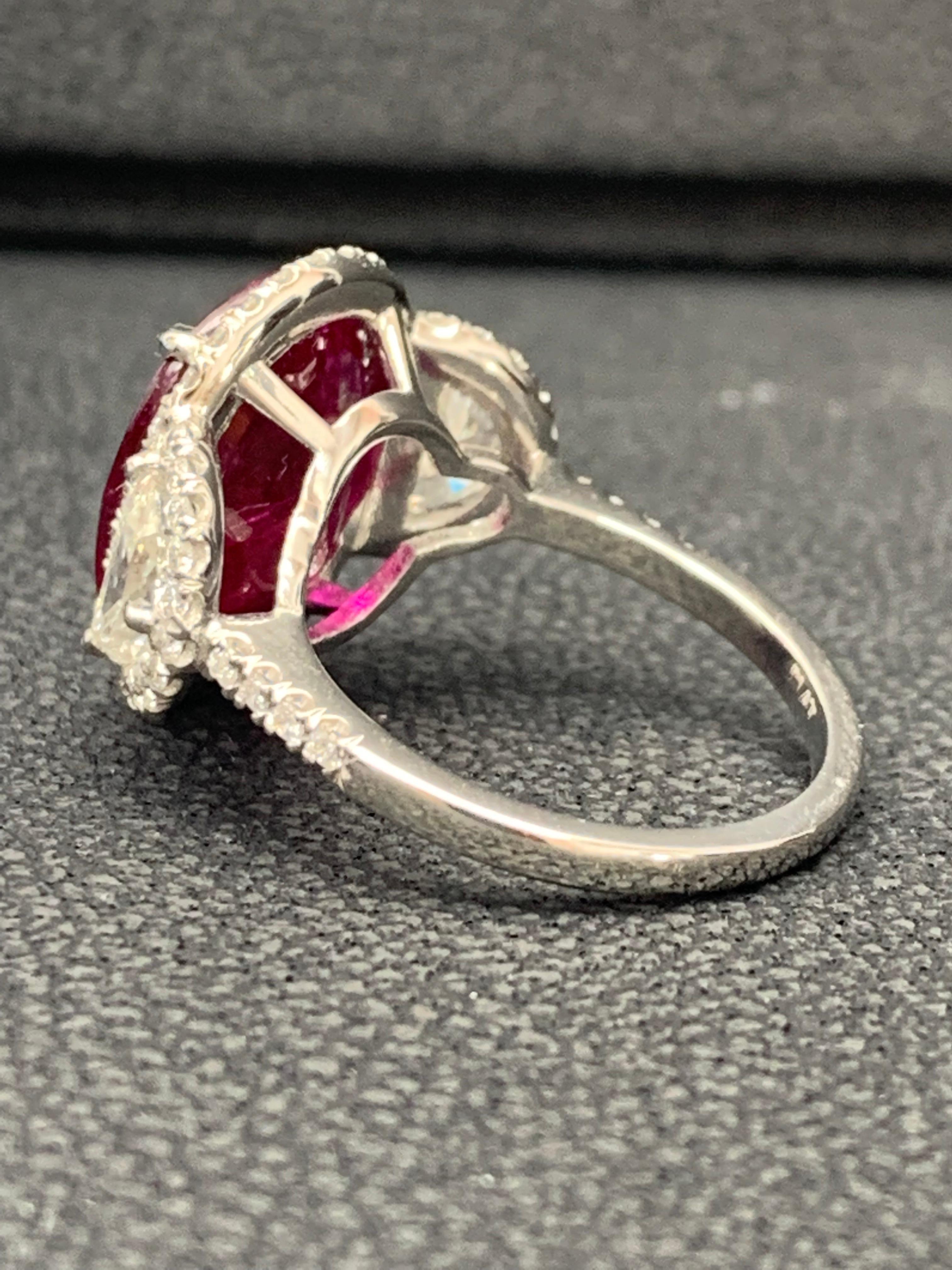 Certified 8.02 Carat Oval Cut Ruby and Diamond Three-Stone Halo Ring in Platinum For Sale 8