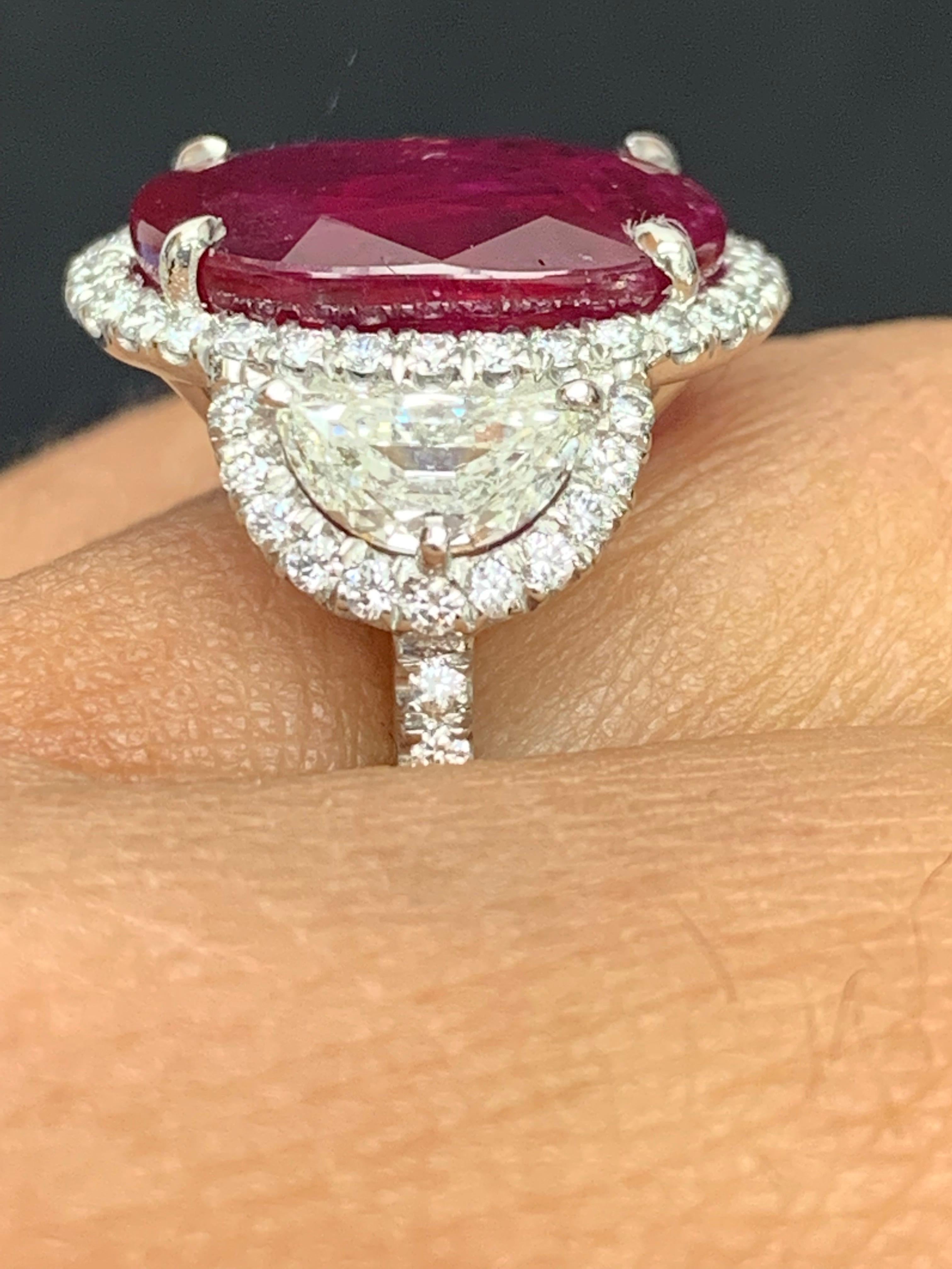 Certified 8.02 Carat Oval Cut Ruby and Diamond Three-Stone Halo Ring in Platinum In New Condition For Sale In NEW YORK, NY
