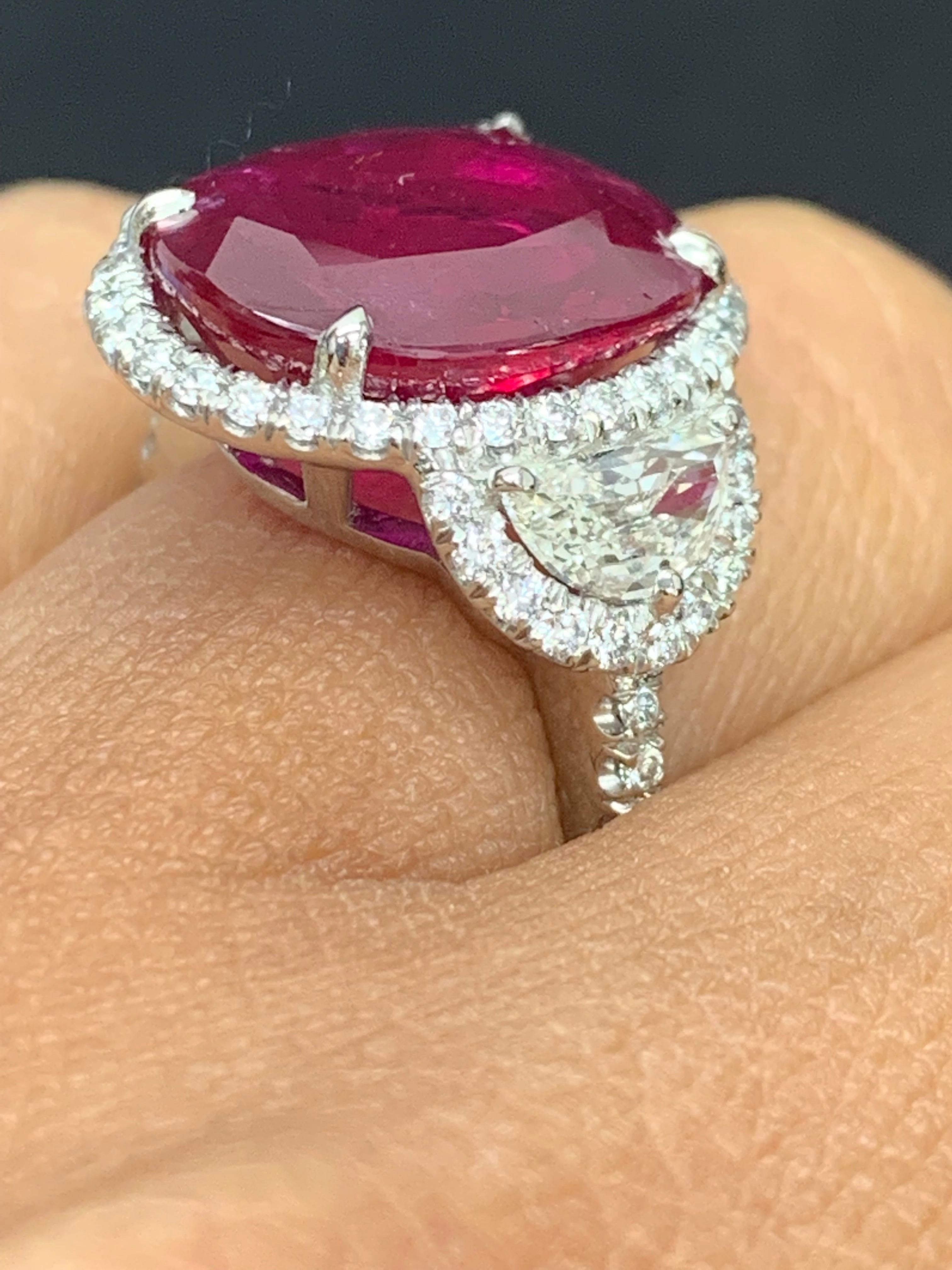 Women's Certified 8.02 Carat Oval Cut Ruby and Diamond Three-Stone Halo Ring in Platinum For Sale